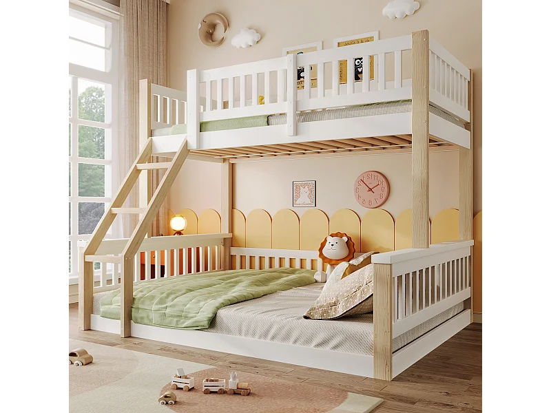 Łóżko piętrowe dla dzieci - 90 x 200 cm + 140 x 200 cm - z drabinką + barierką - drewno - kolor biały + naturalny