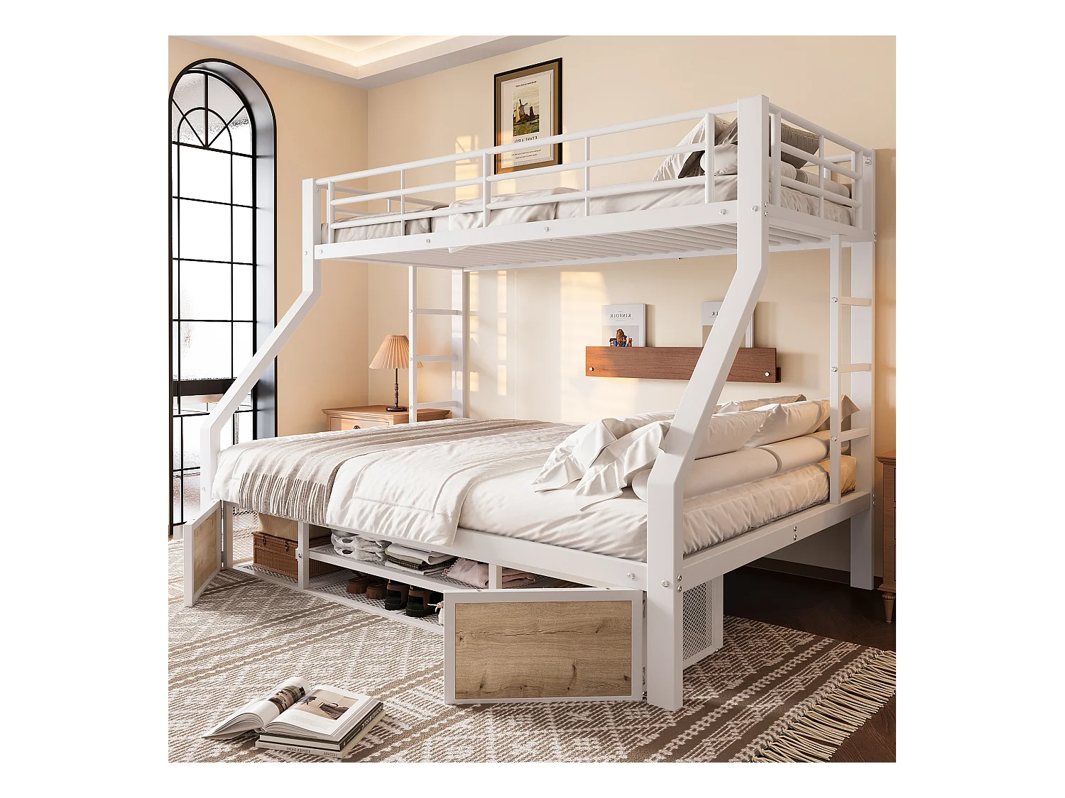 Lit superposé enfant - 90 x 200 cm + 140 x 200 cm - avec armoire à chaussures + rangements - métal - blanc