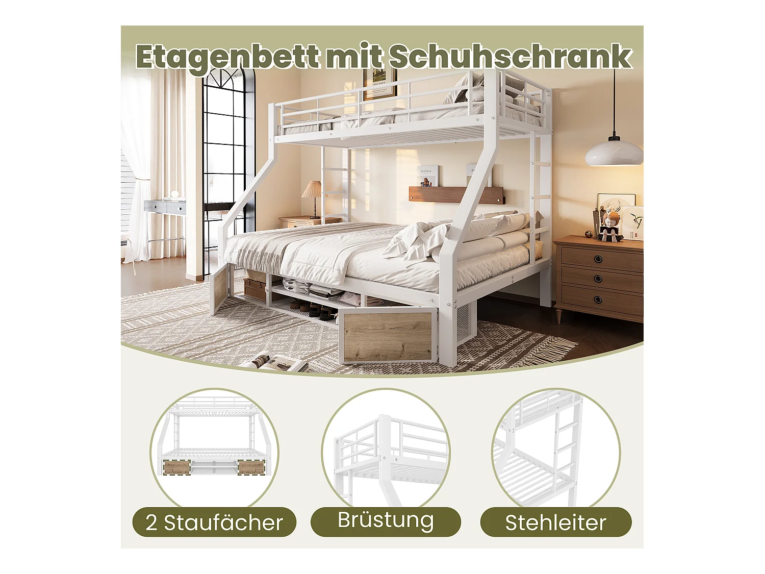 Lit superposé enfant - 90 x 200 cm + 140 x 200 cm - avec armoire à chaussures + rangements - métal - blanc