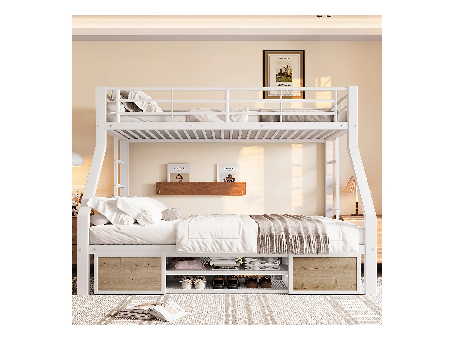 Lit superposé enfant - 90 x 200 cm + 140 x 200 cm - avec armoire à chaussures + rangements - métal - blanc