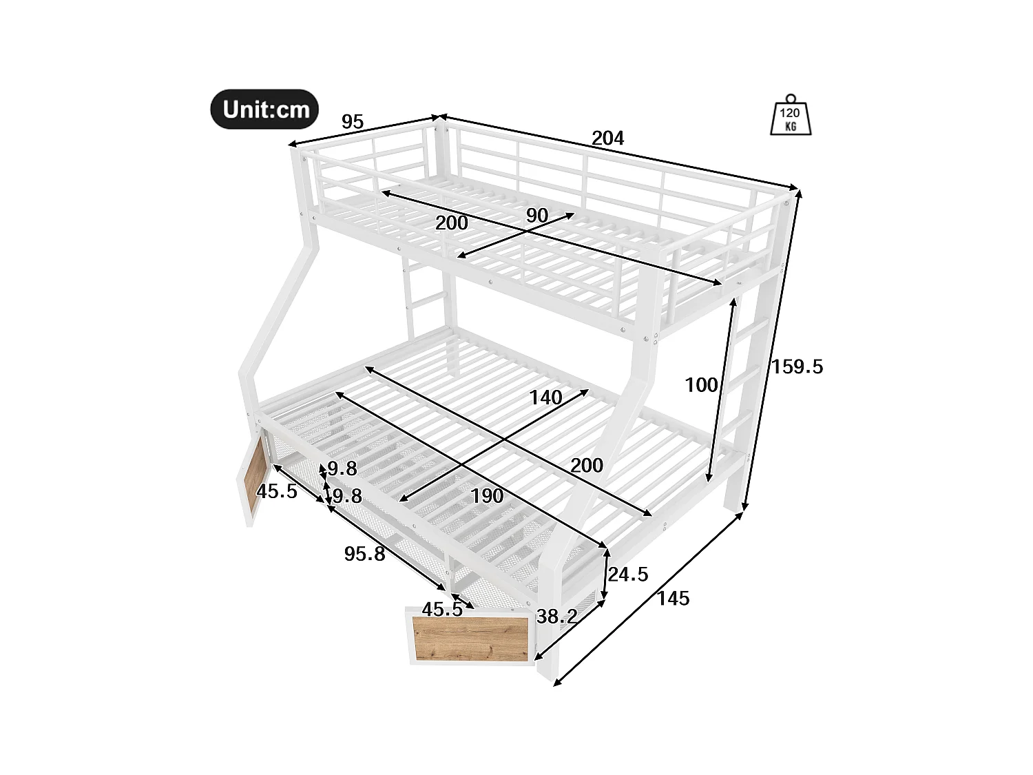 Lit superposé enfant - 90 x 200 cm + 140 x 200 cm - avec armoire à chaussures + rangements - métal - blanc