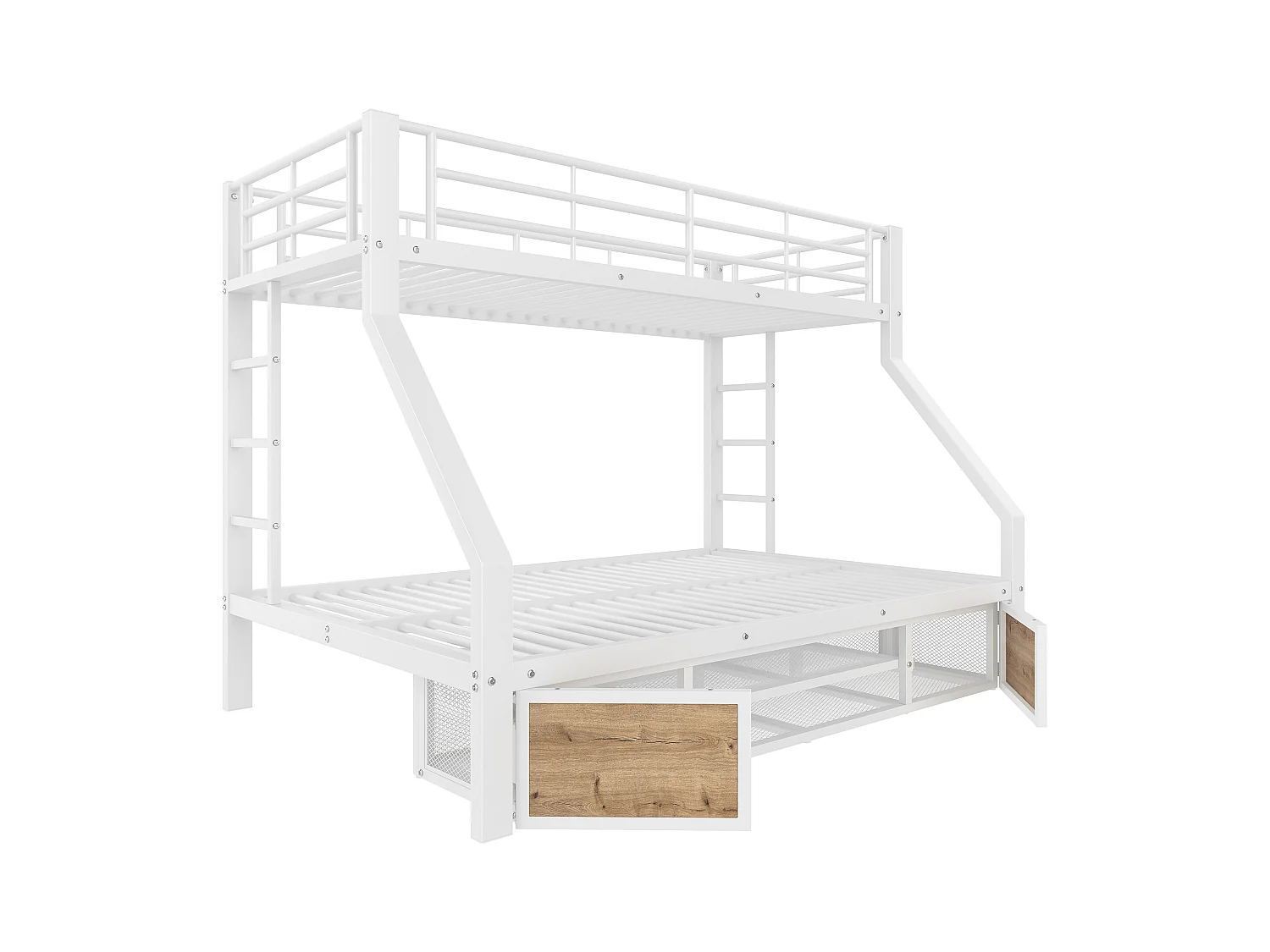 Lit superposé enfant - 90 x 200 cm + 140 x 200 cm - avec armoire à chaussures + rangements - métal - blanc