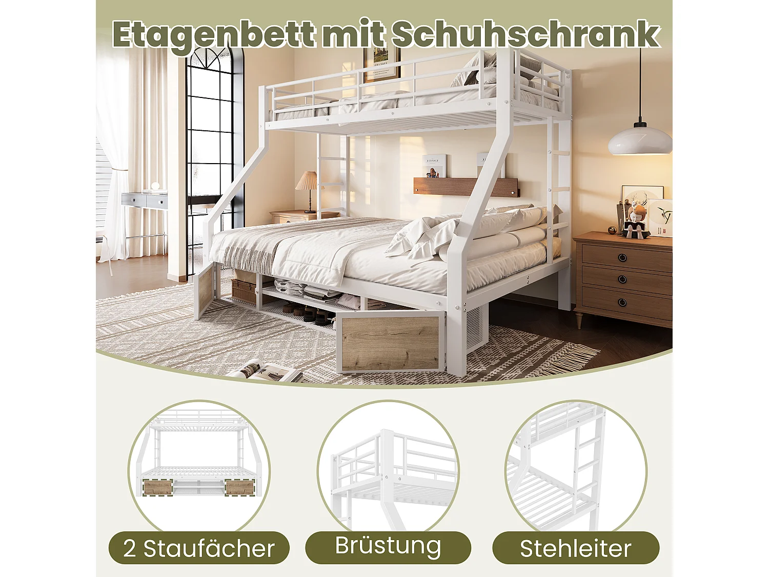 Lit superposé enfant - 90 x 200 cm + 140 x 200 cm - avec armoire à chaussures + rangements - métal - blanc