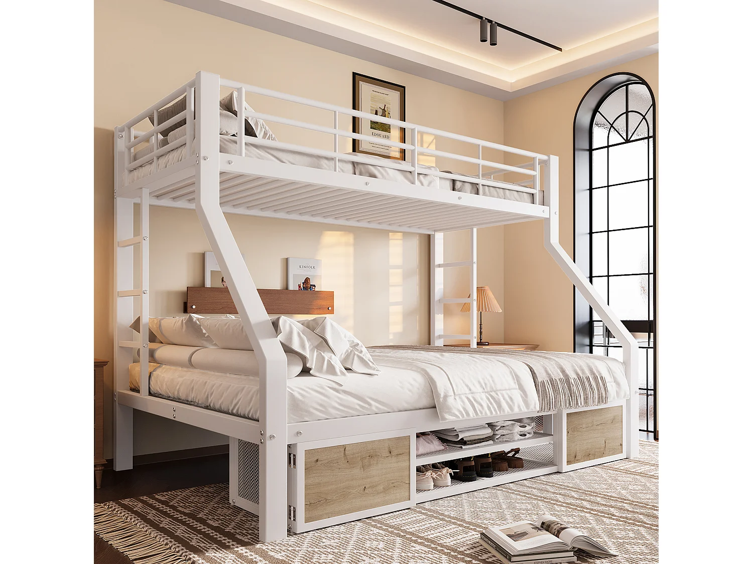 Lit superposé enfant - 90 x 200 cm + 140 x 200 cm - avec armoire à chaussures + rangements - métal - blanc