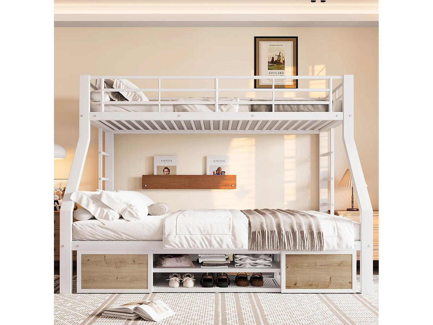 Lit superposé enfant - 90 x 200 cm + 140 x 200 cm - avec armoire à chaussures + rangements - métal - blanc