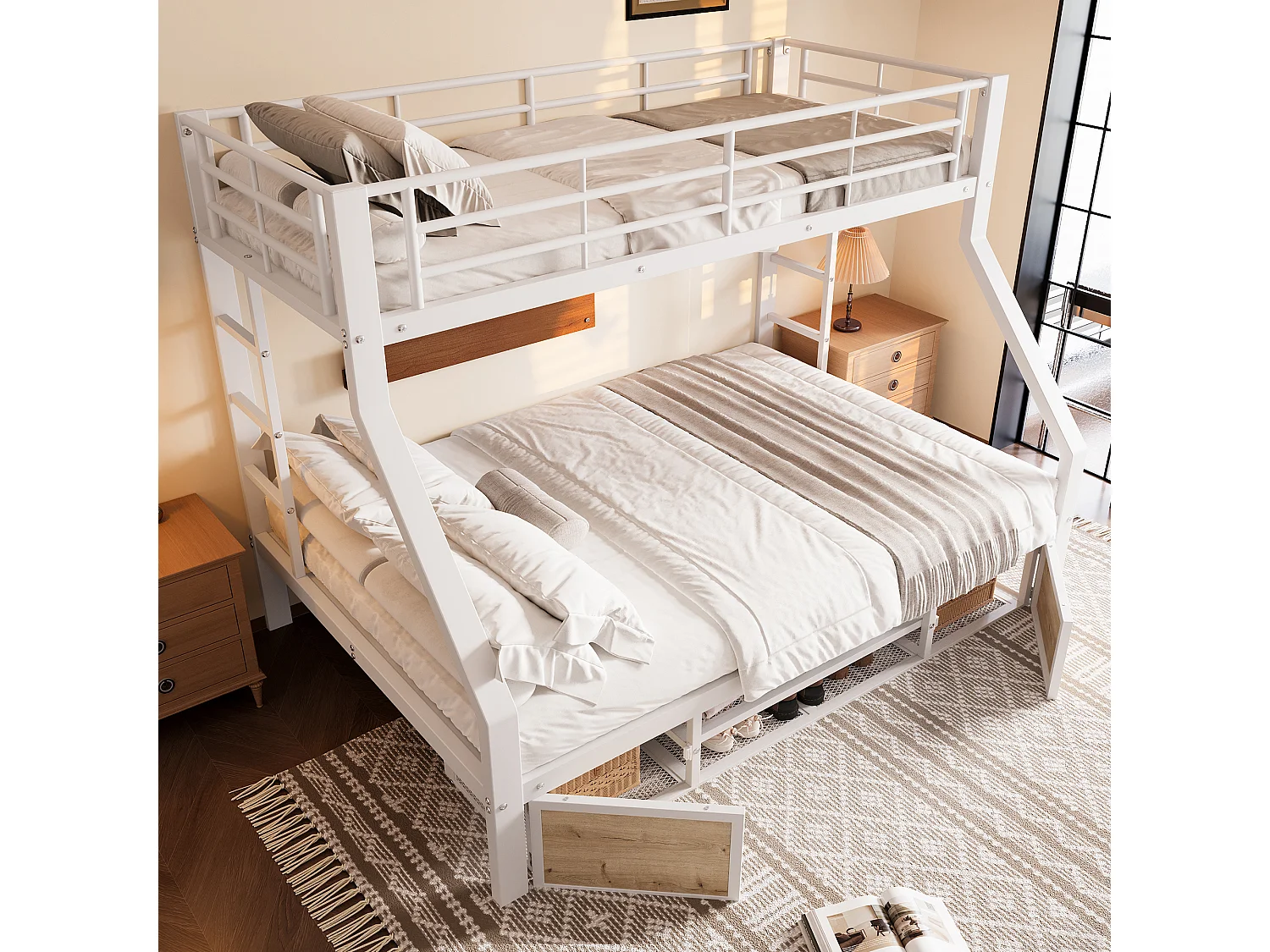 Lit superposé enfant - 90 x 200 cm + 140 x 200 cm - avec armoire à chaussures + rangements - métal - blanc