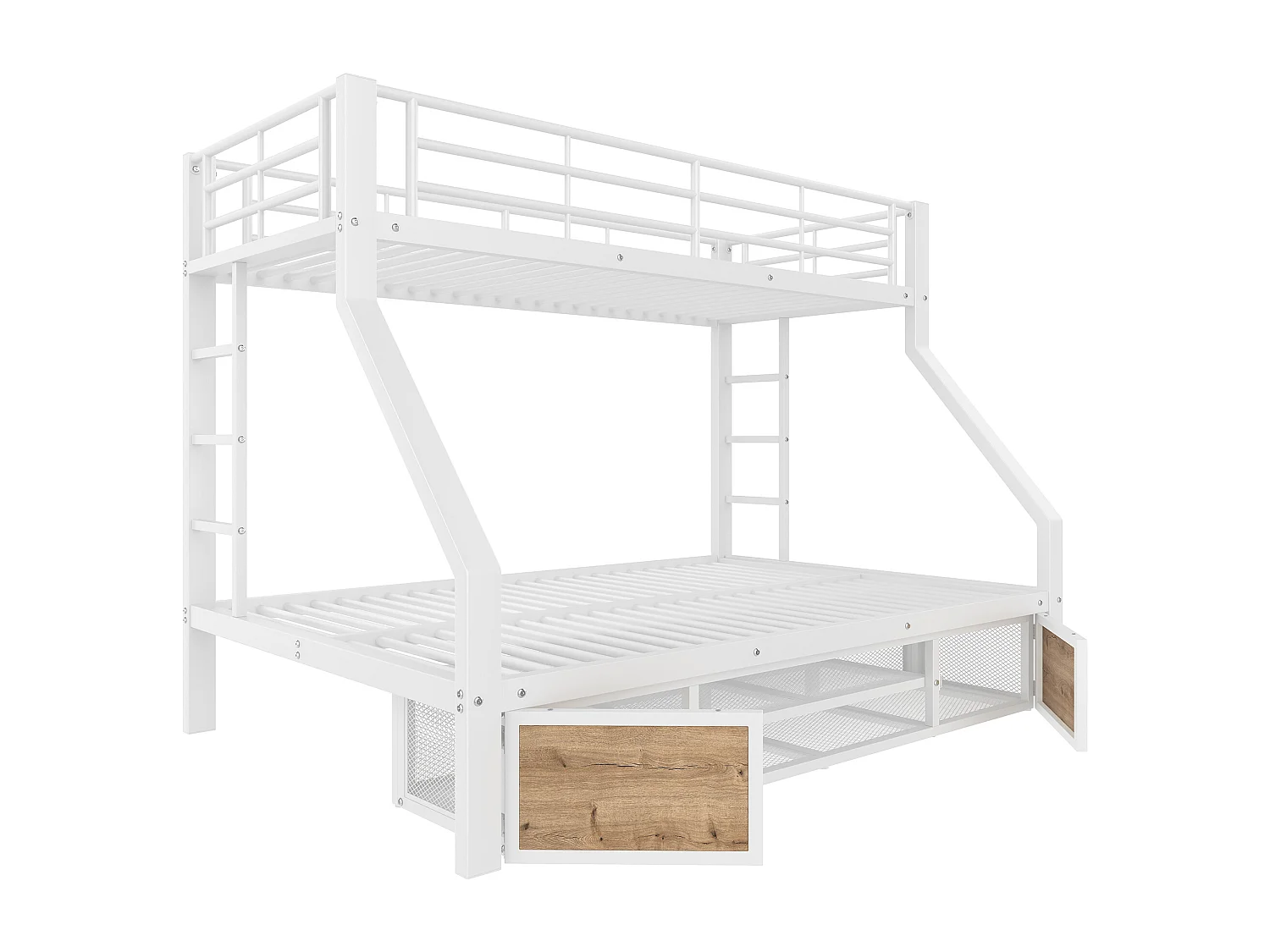 Lit superposé enfant - 90 x 200 cm + 140 x 200 cm - avec armoire à chaussures + rangements - métal - blanc