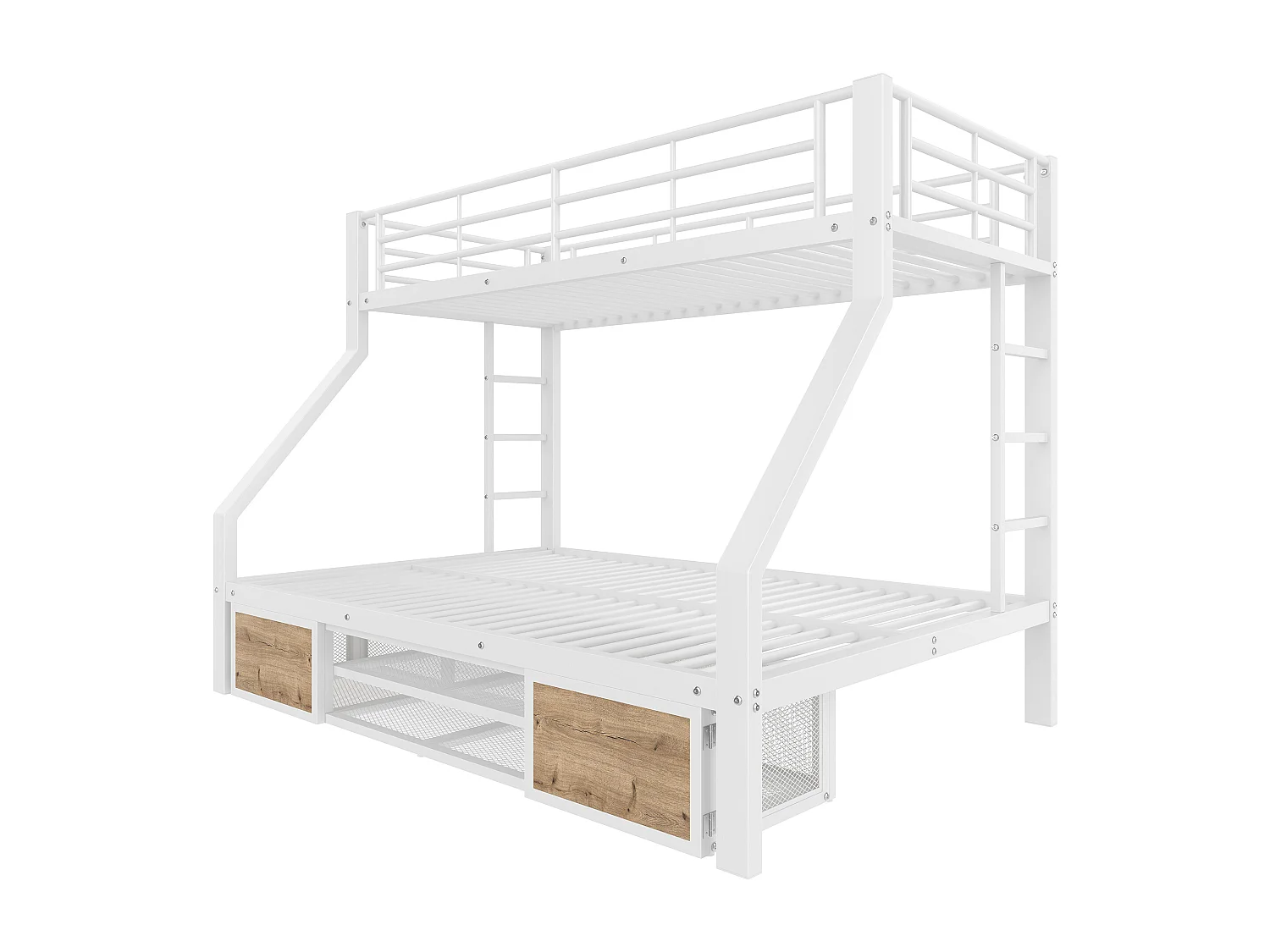 Lit superposé enfant - 90 x 200 cm + 140 x 200 cm - avec armoire à chaussures + rangements - métal - blanc