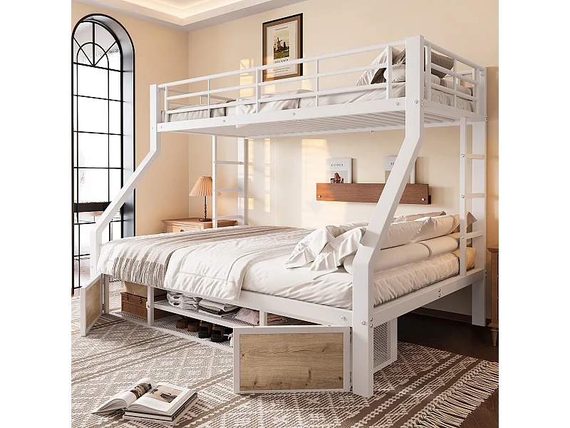 Lit superposé enfant - 90 x 200 cm + 140 x 200 cm - avec armoire à chaussures + rangements - métal - blanc