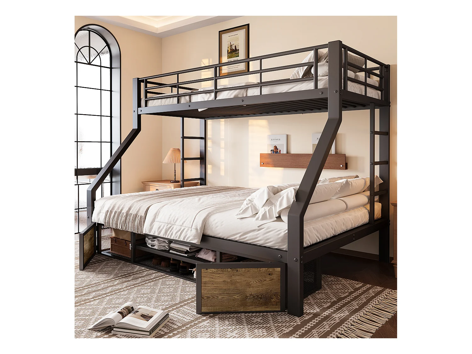 Lit superposé enfant - 90 x 200 cm + 140 x 200 cm - avec armoire à chaussures + rangements - métal - noir