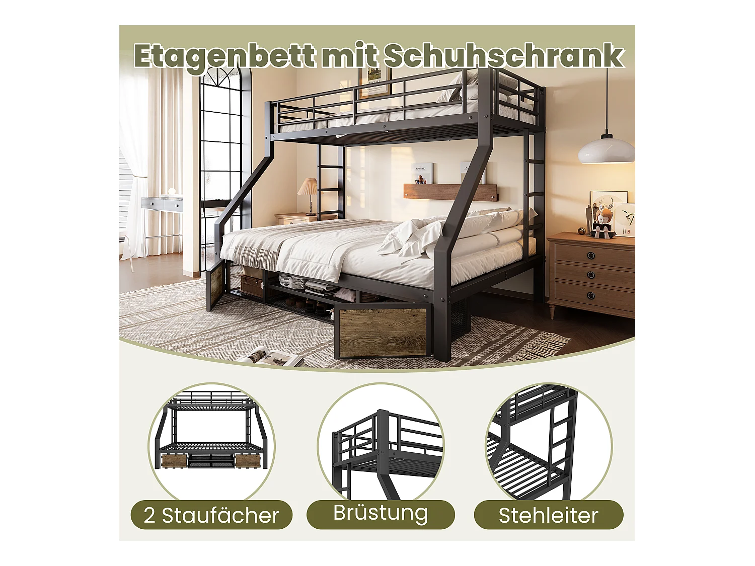 Lit superposé enfant - 90 x 200 cm + 140 x 200 cm - avec armoire à chaussures + rangements - métal - noir