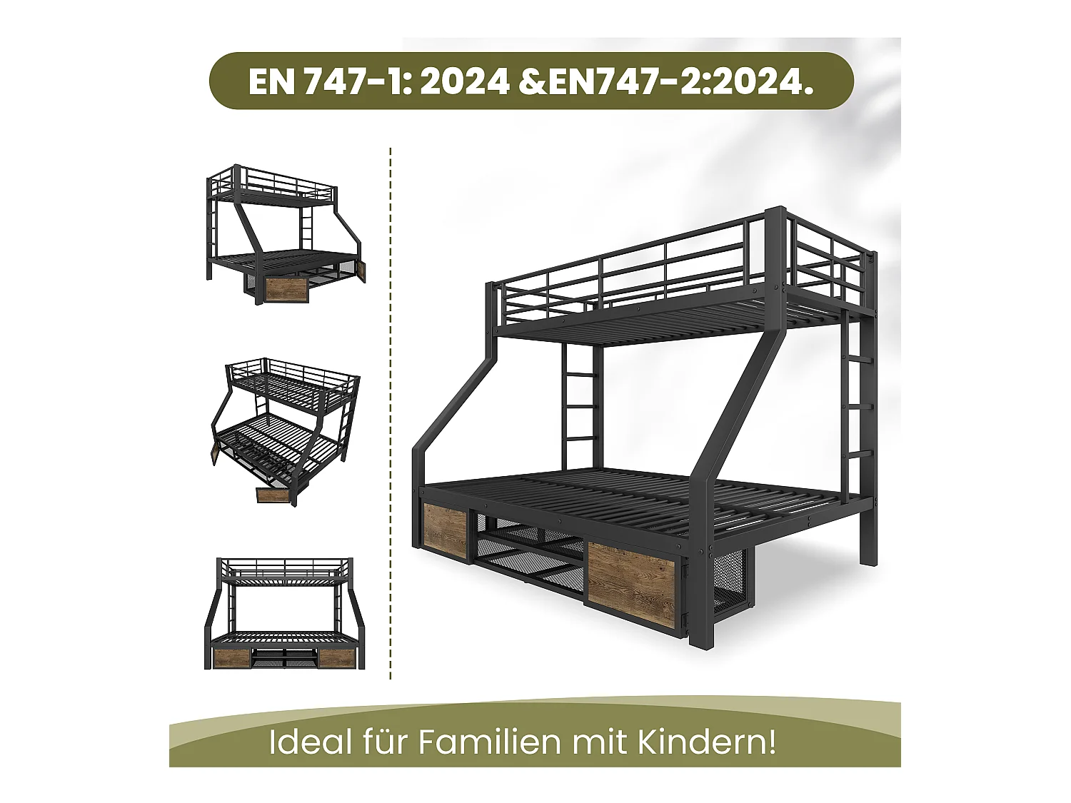 Lit superposé enfant - 90 x 200 cm + 140 x 200 cm - avec armoire à chaussures + rangements - métal - noir