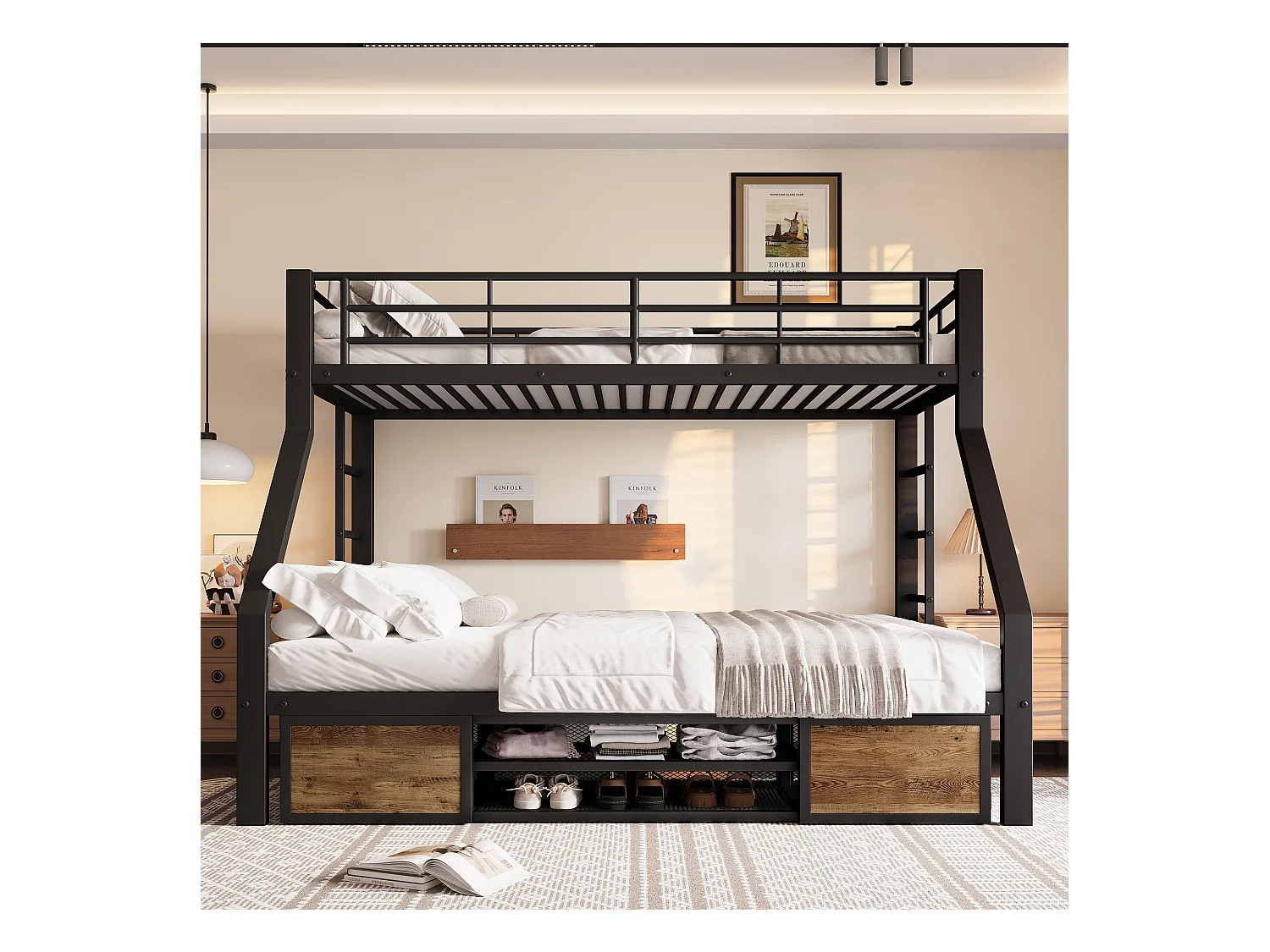 Lit superposé enfant - 90 x 200 cm + 140 x 200 cm - avec armoire à chaussures + rangements - métal - noir