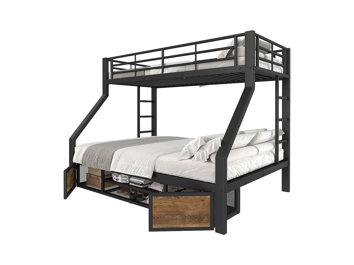 Lit superposé enfant - 90 x 200 cm + 140 x 200 cm - avec armoire à chaussures + rangements - métal - noir