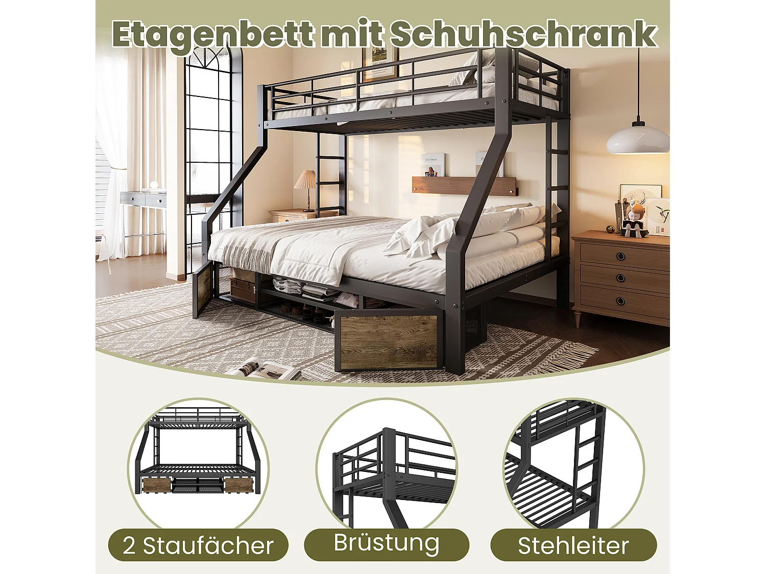 Lit superposé enfant - 90 x 200 cm + 140 x 200 cm - avec armoire à chaussures + rangements - métal - noir