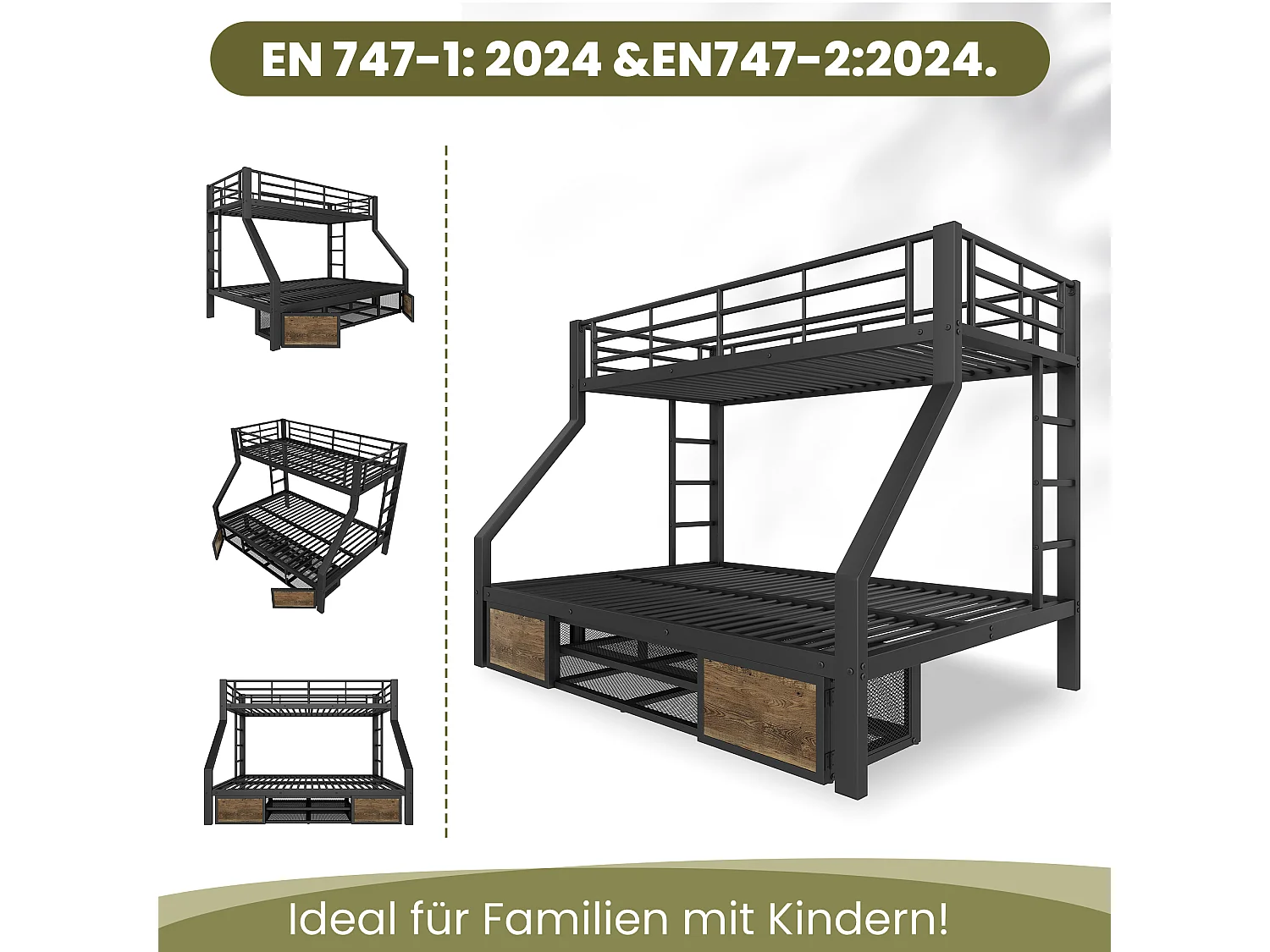 Lit superposé enfant - 90 x 200 cm + 140 x 200 cm - avec armoire à chaussures + rangements - métal - noir