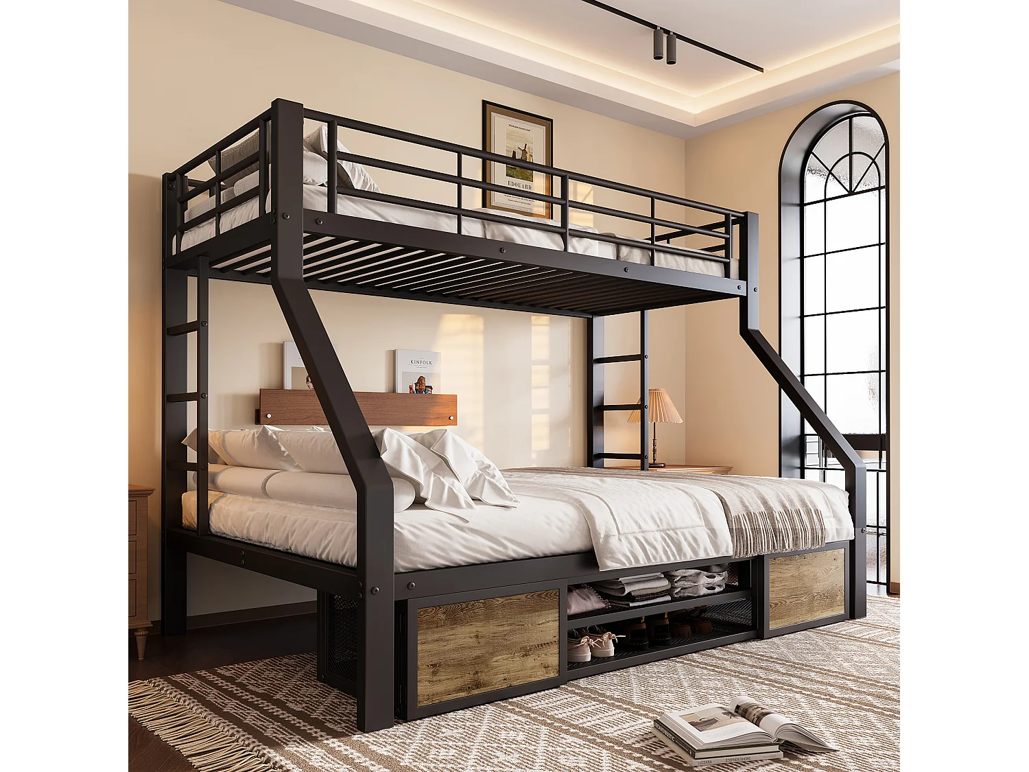 Lit superposé enfant - 90 x 200 cm + 140 x 200 cm - avec armoire à chaussures + rangements - métal - noir