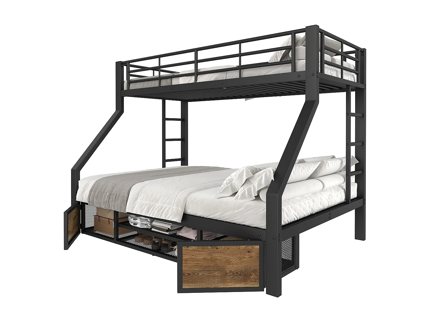 Lit superposé enfant - 90 x 200 cm + 140 x 200 cm - avec armoire à chaussures + rangements - métal - noir