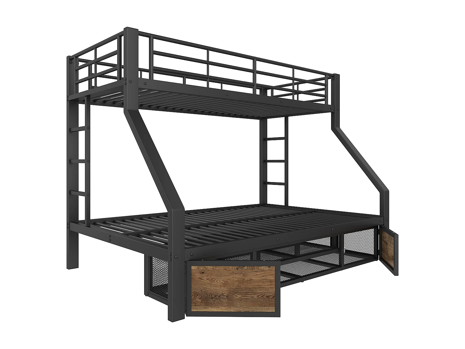 Lit superposé enfant - 90 x 200 cm + 140 x 200 cm - avec armoire à chaussures + rangements - métal - noir