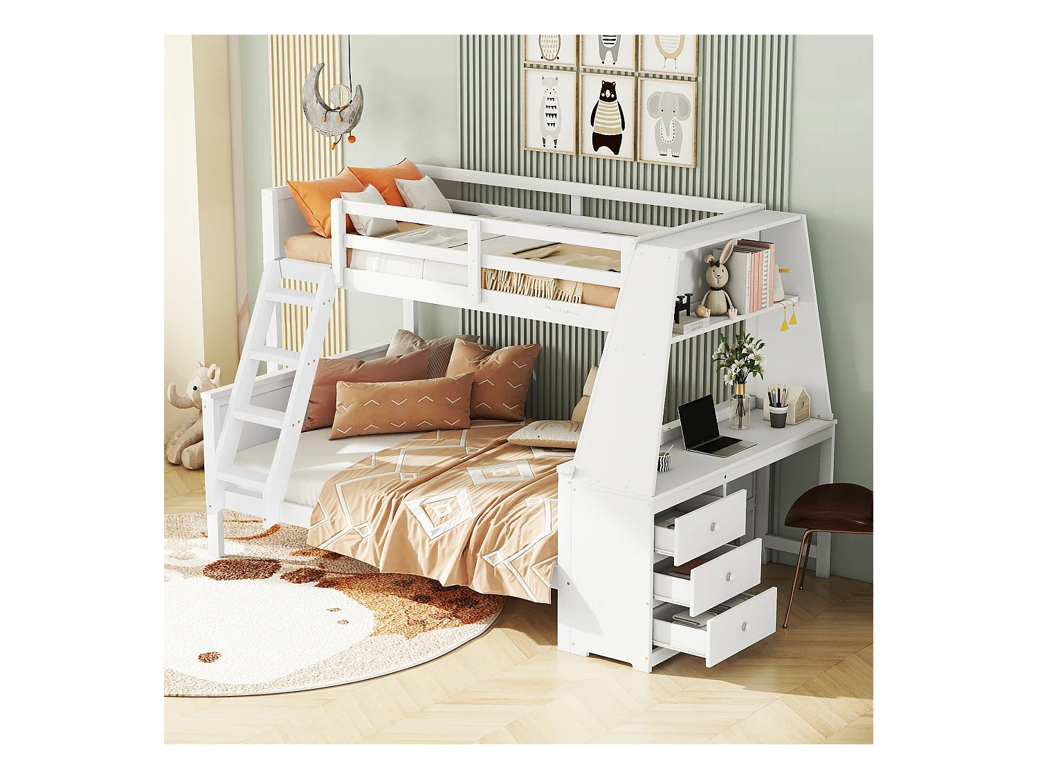 Lits superposés 90 x 200 cm + 140 x 200 cm - bureau + 3 tiroirs + étagère - bois MDF - blanc