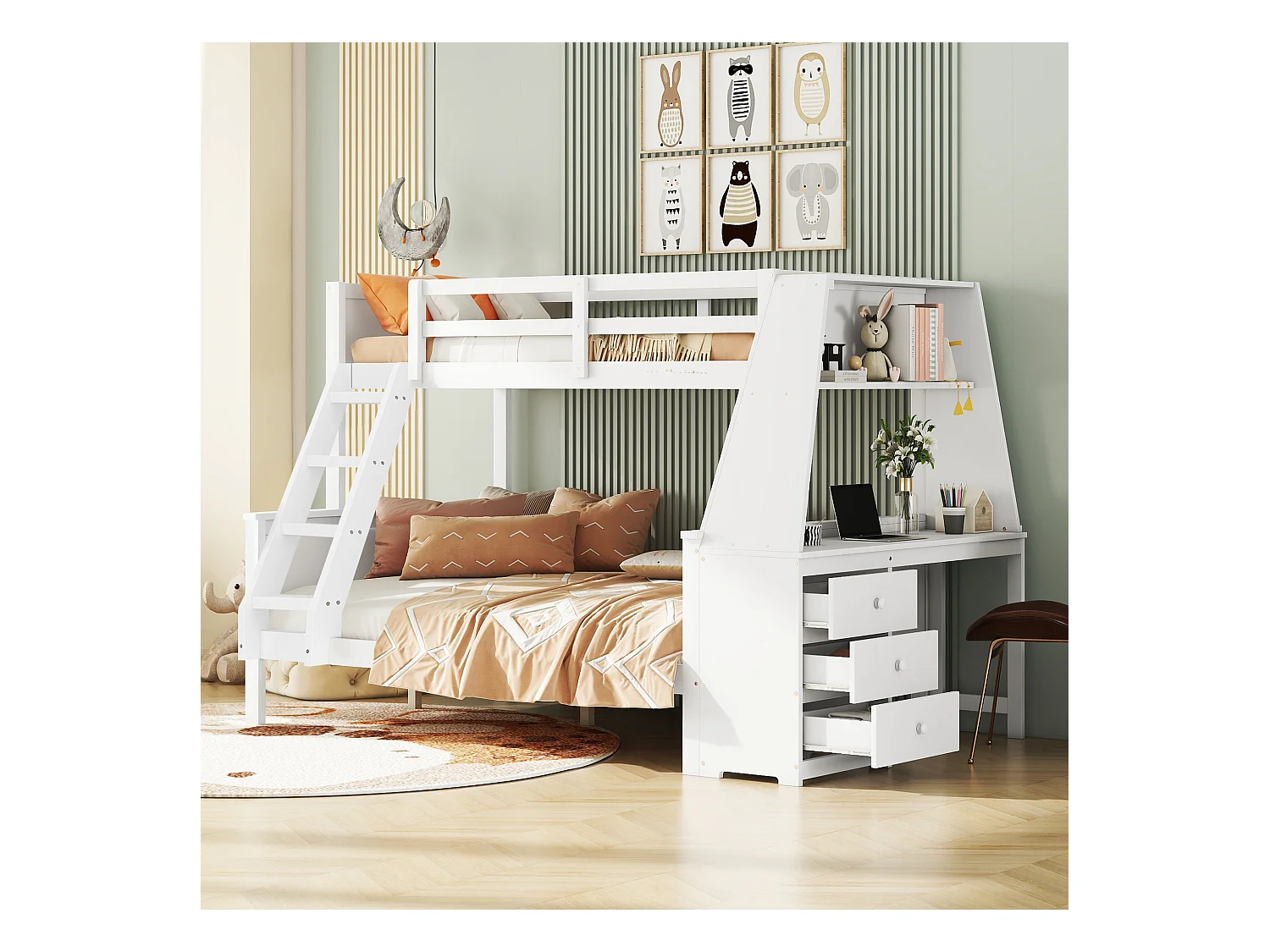 Lits superposés 90 x 200 cm + 140 x 200 cm - bureau + 3 tiroirs + étagère - bois MDF - blanc