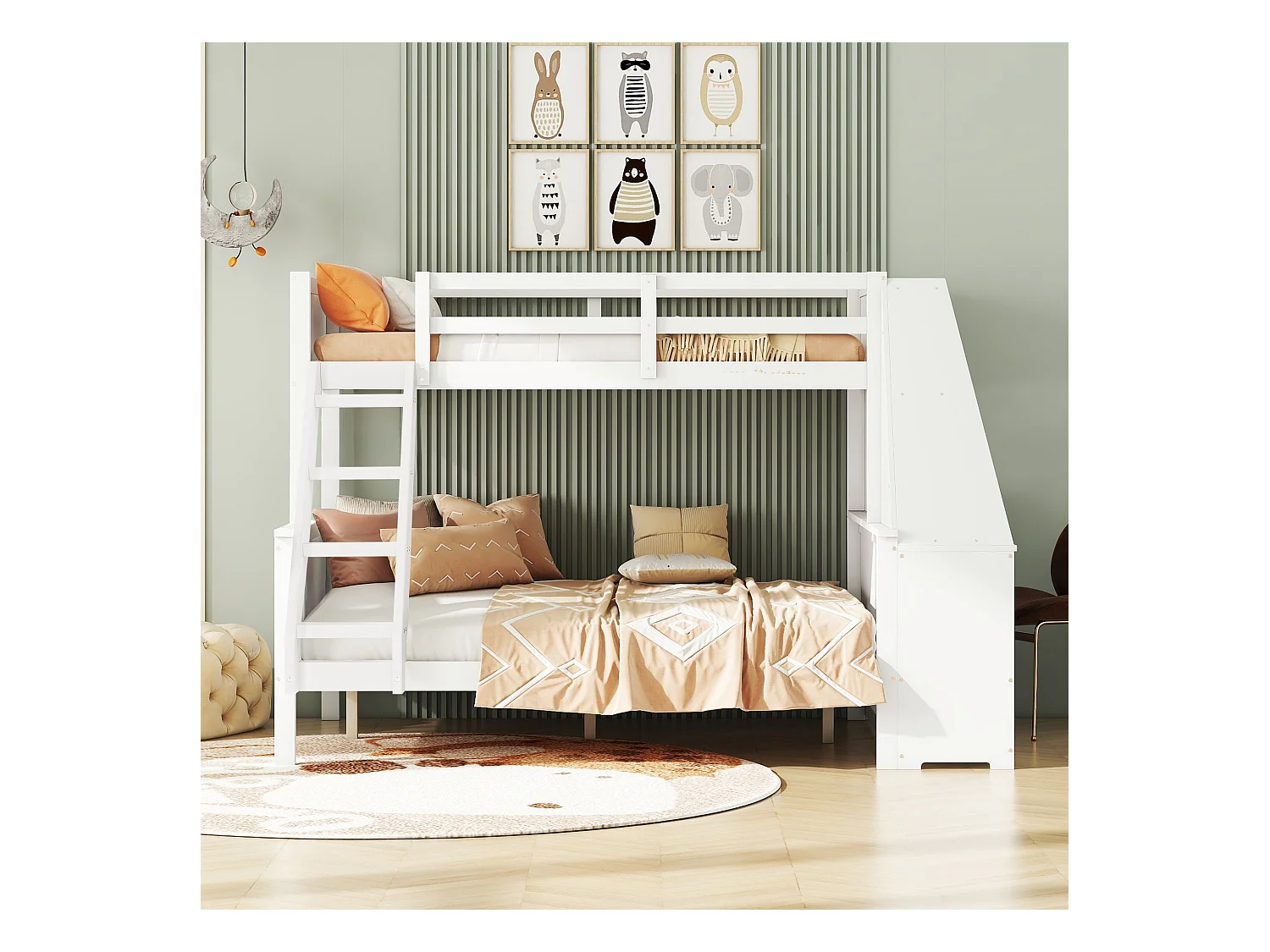 Lits superposés 90 x 200 cm + 140 x 200 cm - bureau + 3 tiroirs + étagère - bois MDF - blanc