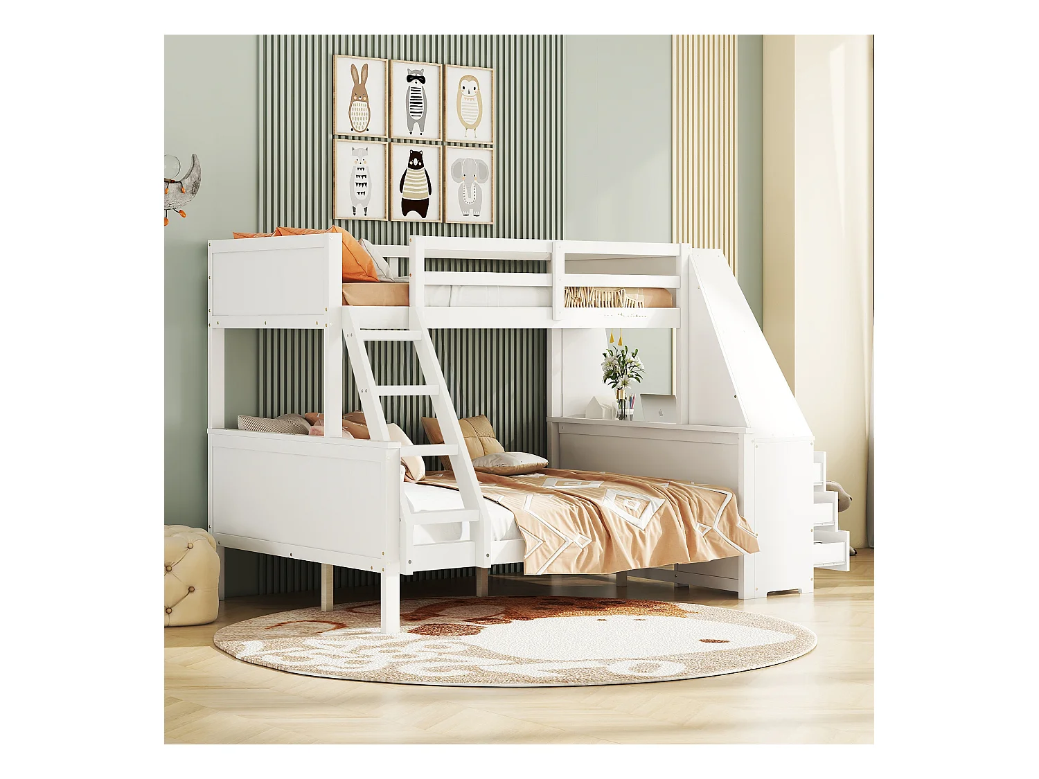 Lits superposés 90 x 200 cm + 140 x 200 cm - bureau + 3 tiroirs + étagère - bois MDF - blanc