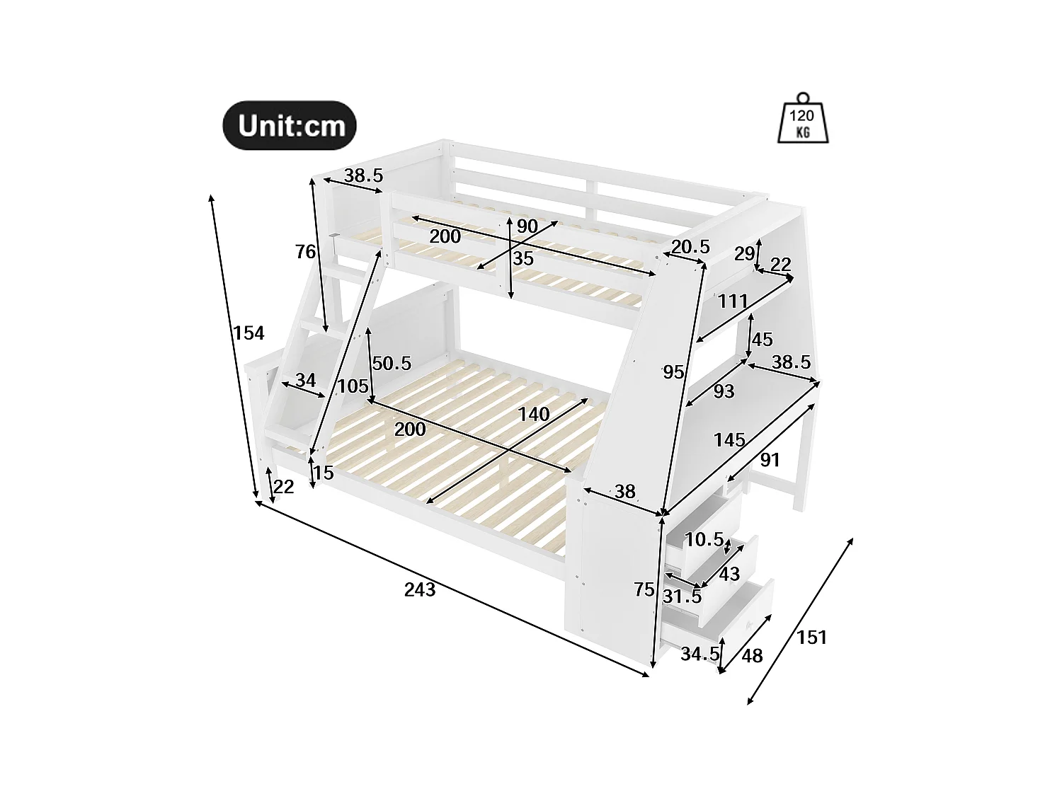 Lits superposés 90 x 200 cm + 140 x 200 cm - bureau + 3 tiroirs + étagère - bois MDF - blanc