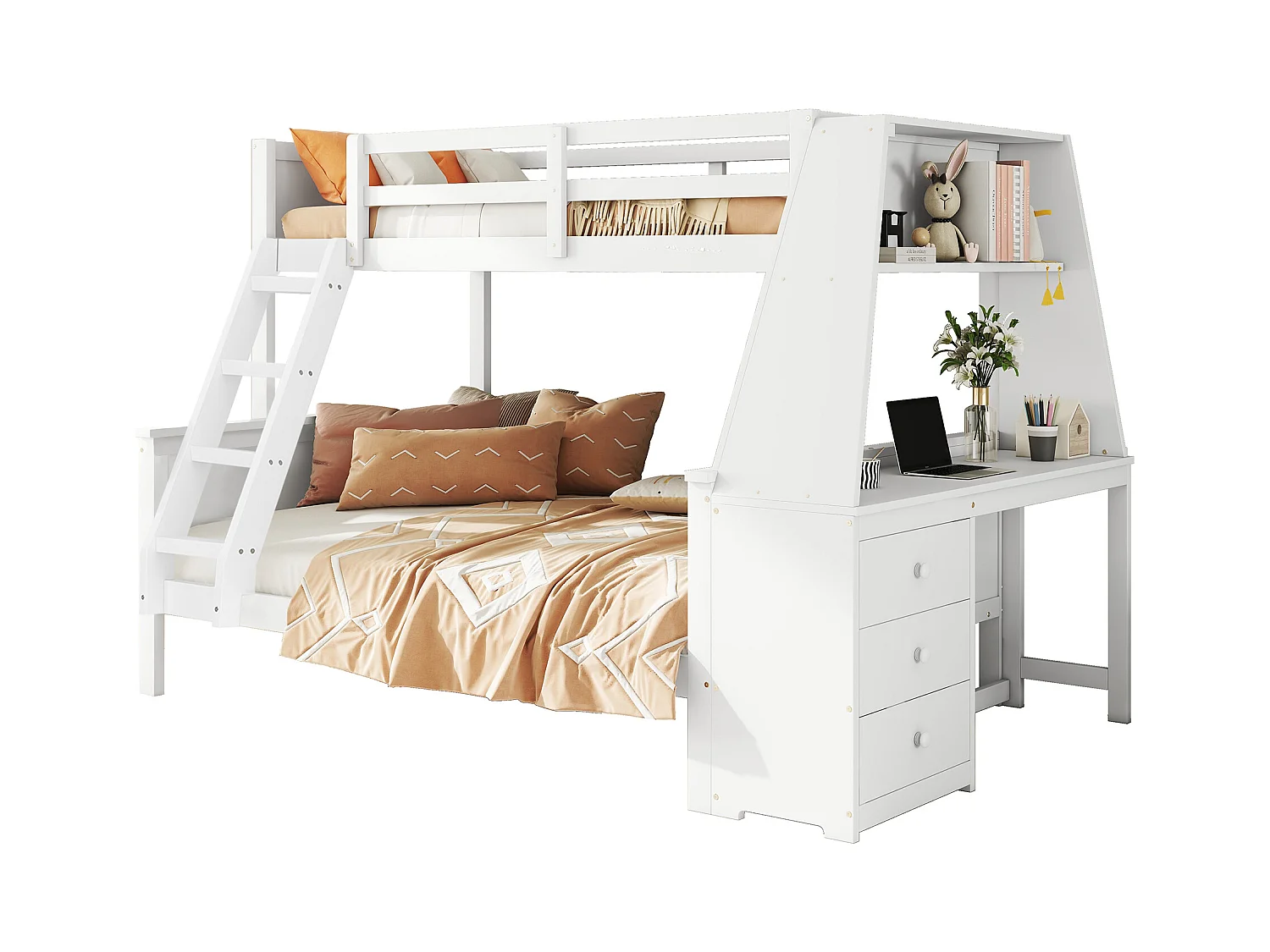 Lits superposés 90 x 200 cm + 140 x 200 cm - bureau + 3 tiroirs + étagère - bois MDF - blanc