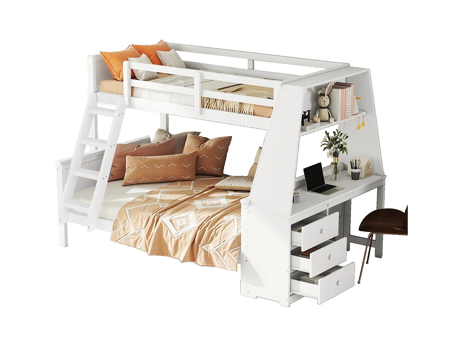 Etagenbetten 90 x 200 cm + 140 x 200 cm - Schreibtisch + 3 Schubladen + Regal - MDF-Holz - weiß