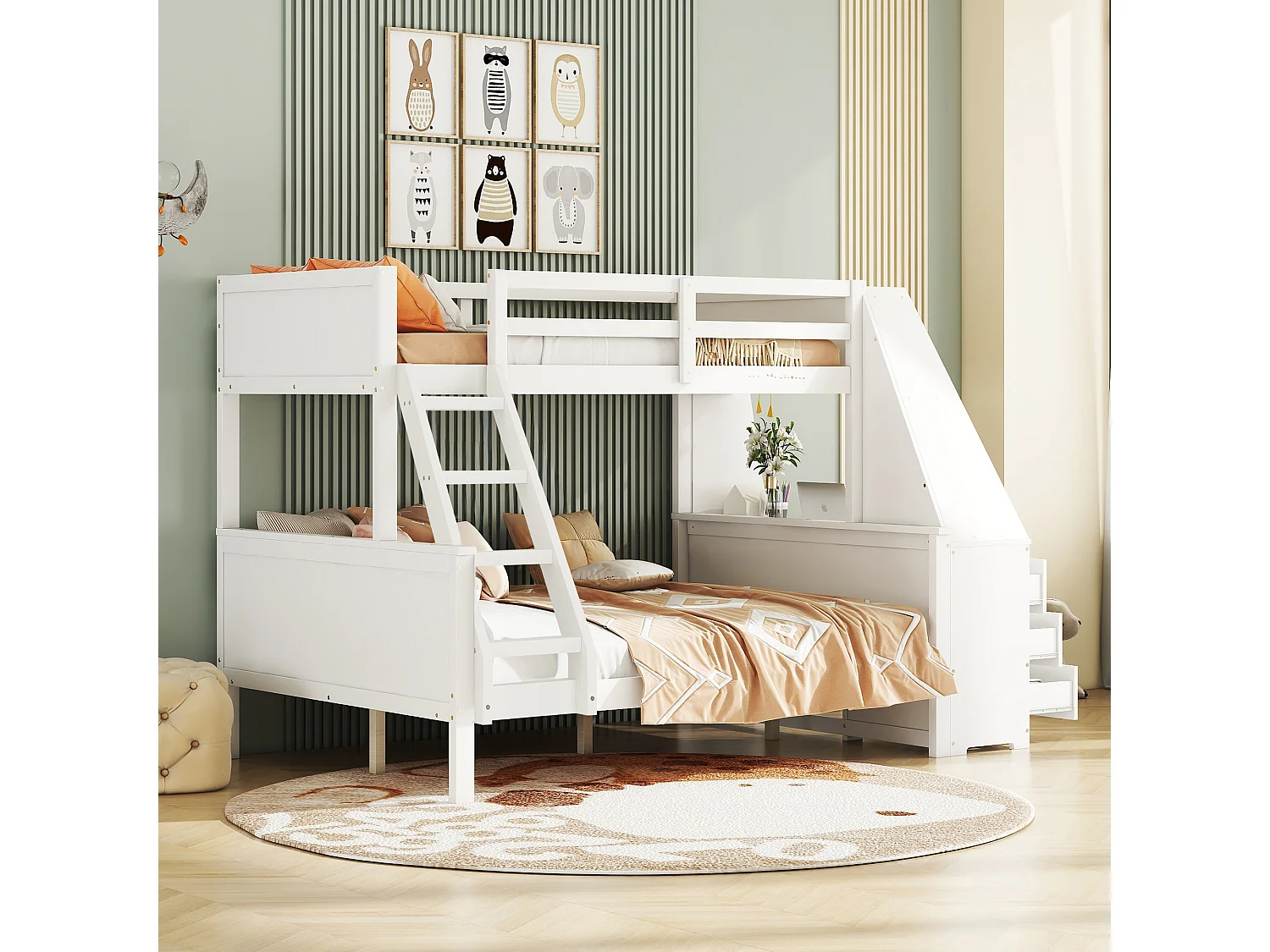 Lits superposés 90 x 200 cm + 140 x 200 cm - bureau + 3 tiroirs + étagère - bois MDF - blanc