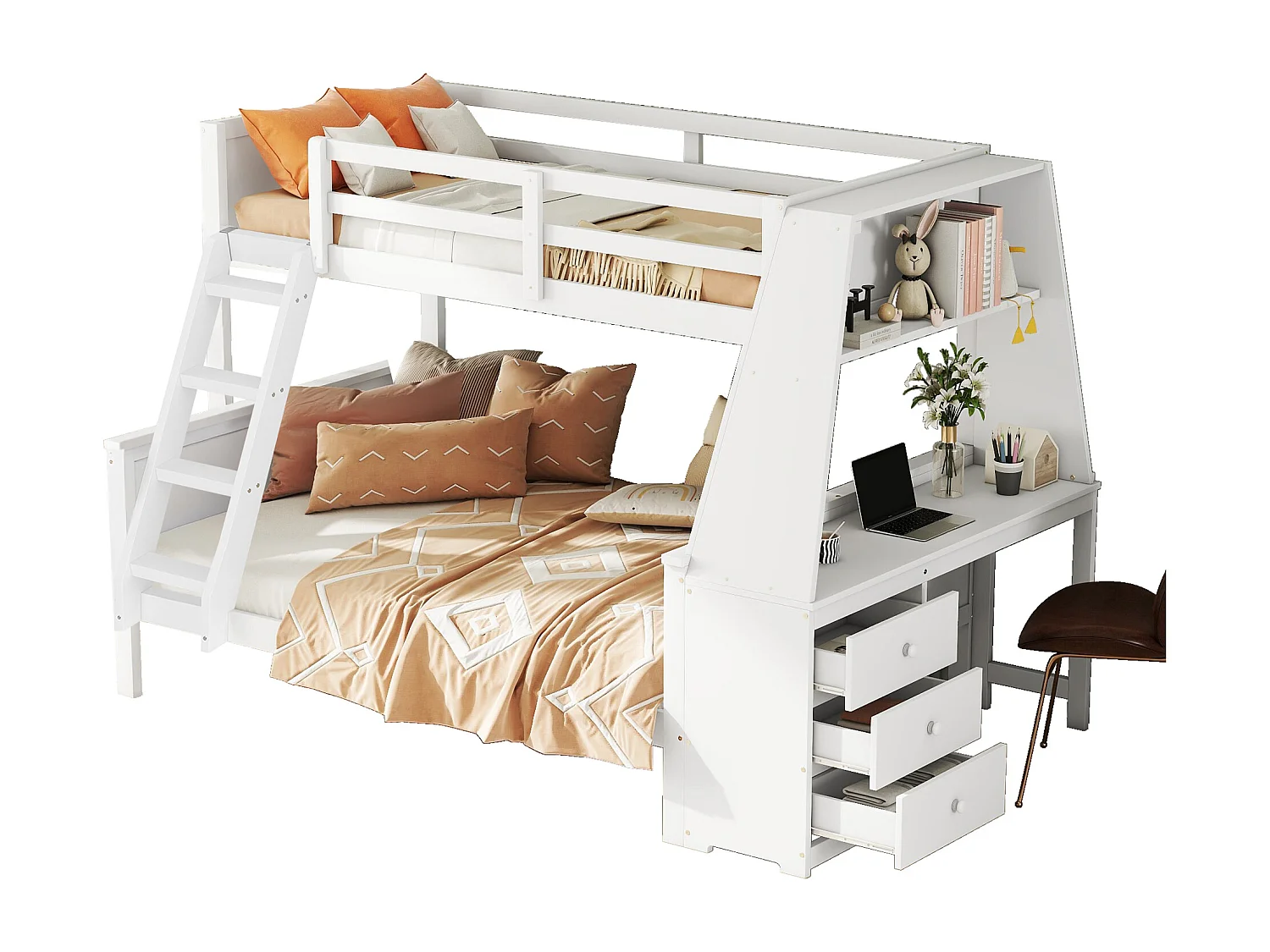 Lits superposés 90 x 200 cm + 140 x 200 cm - bureau + 3 tiroirs + étagère - bois MDF - blanc