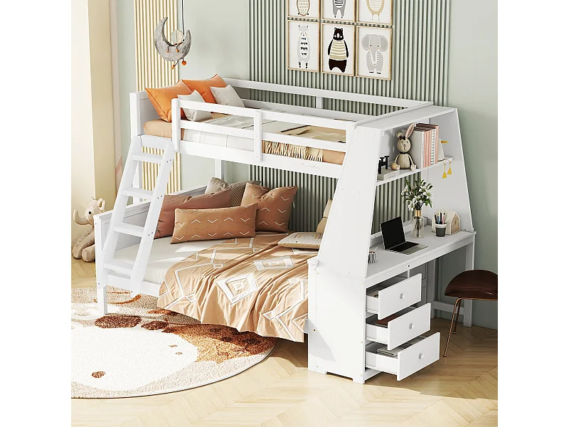 Stapelbed 90 x 200 cm + 140 x 200 cm - bureau + 3 lades + plank - MDF hout - wit