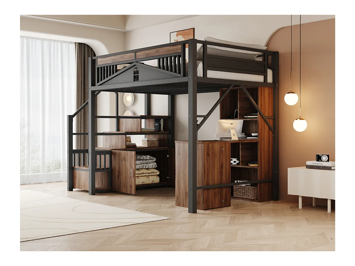 Łóżko piętrowe - 140 x 200 cm - wymienna drabinka z miejscem do przechowywania - drewno + metal - czarne