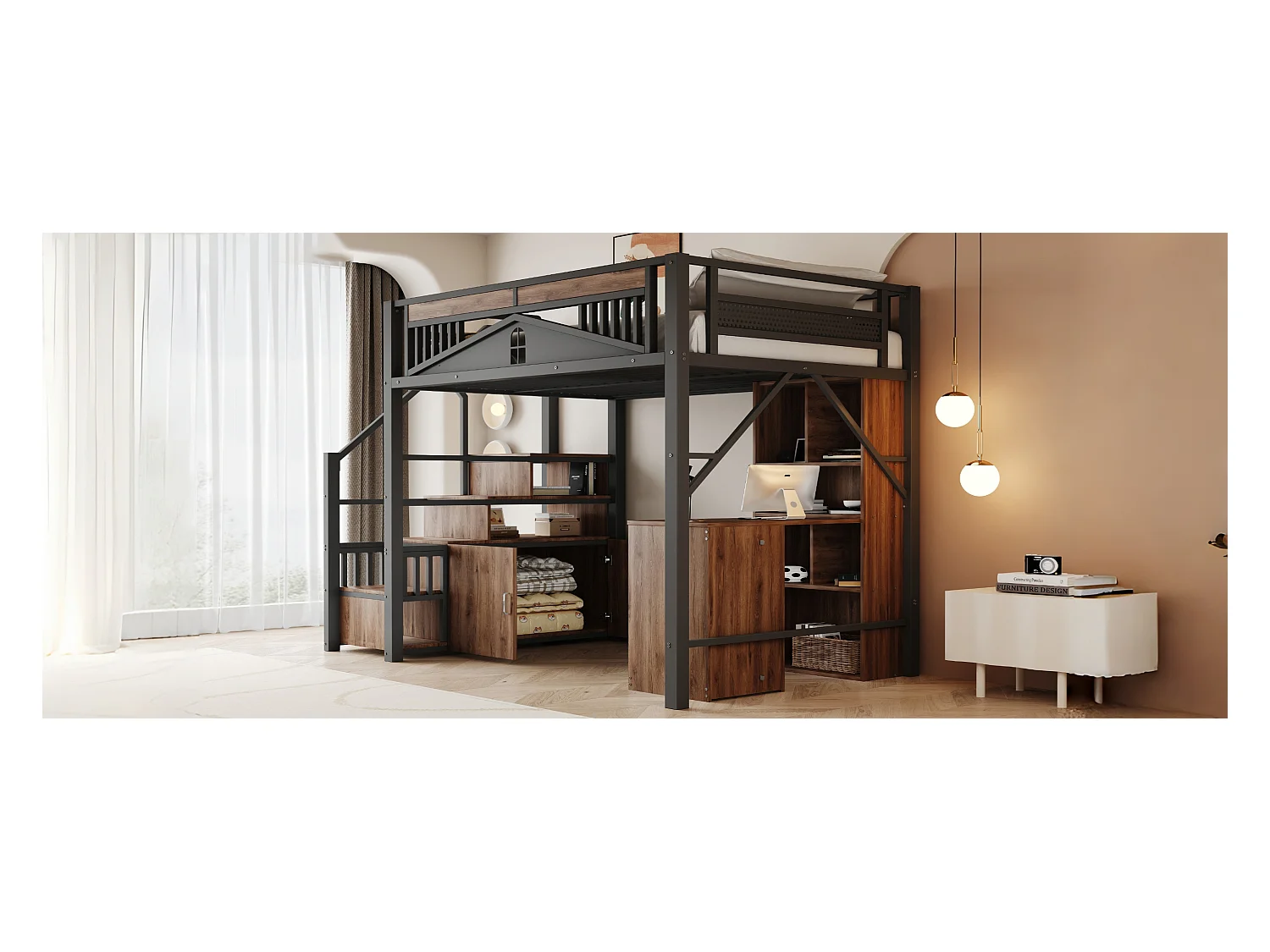 Łóżko piętrowe - 140 x 200 cm - wymienna drabinka z miejscem do przechowywania - drewno + metal - czarne