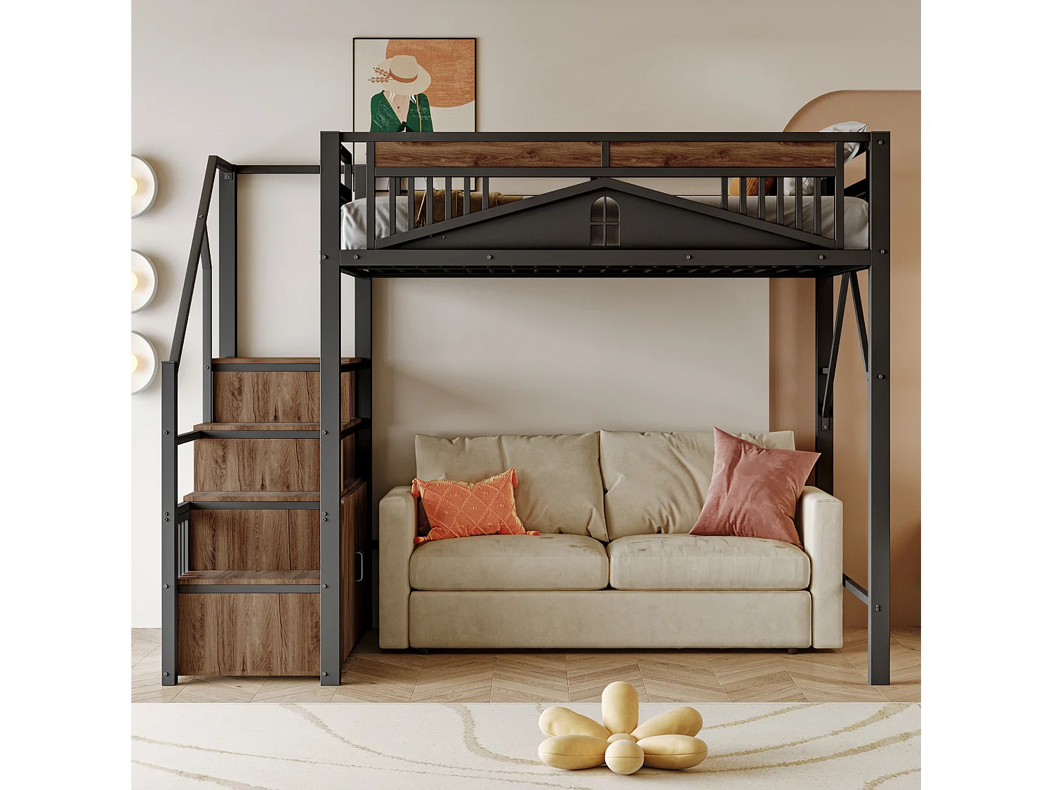 Lit mezzanine - 140 x 200 cm - échelle d'escalade interchangeable avec rangement - bois + méttal - noir