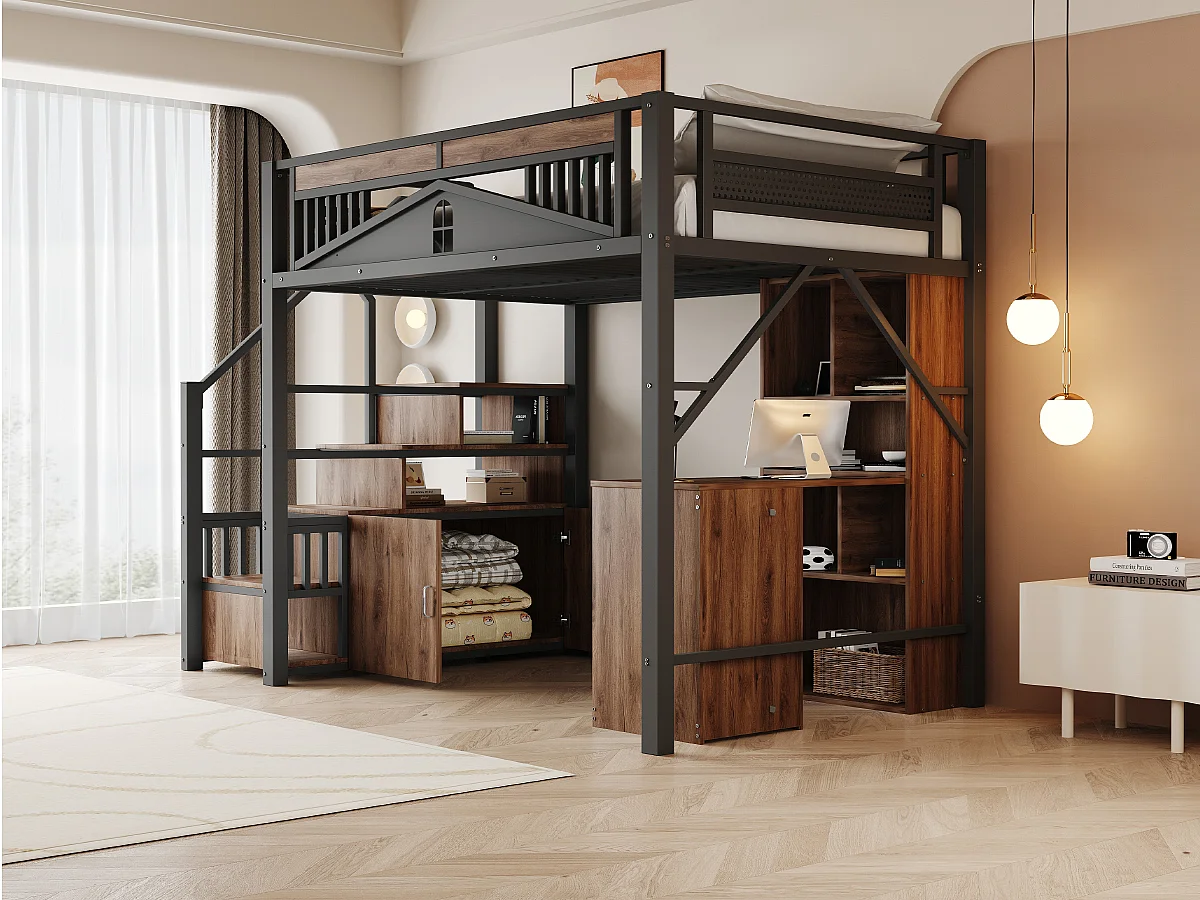 Lit mezzanine - 140 x 200 cm - échelle d'escalade interchangeable avec rangement - bois + méttal - noir