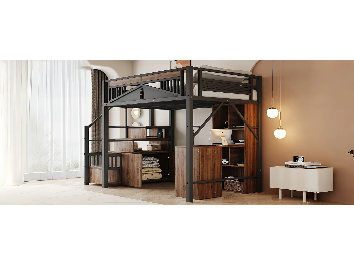 Lit mezzanine - 140 x 200 cm - échelle d'escalade interchangeable avec rangement - bois + méttal - noir
