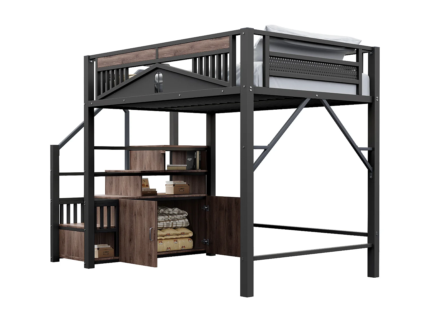 Lit mezzanine - 140 x 200 cm - échelle d'escalade interchangeable avec rangement - bois + méttal - noir