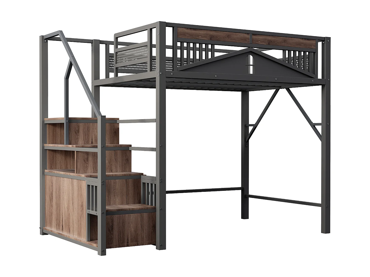 Lit mezzanine - 140 x 200 cm - échelle d'escalade interchangeable avec rangement - bois + méttal - noir
