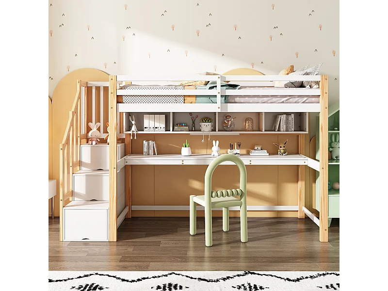 Cama alta infantil - 90 x 200 cm - com escrivaninha + prateleiras + 4 gavetas - madeira de pinho - natural e branco