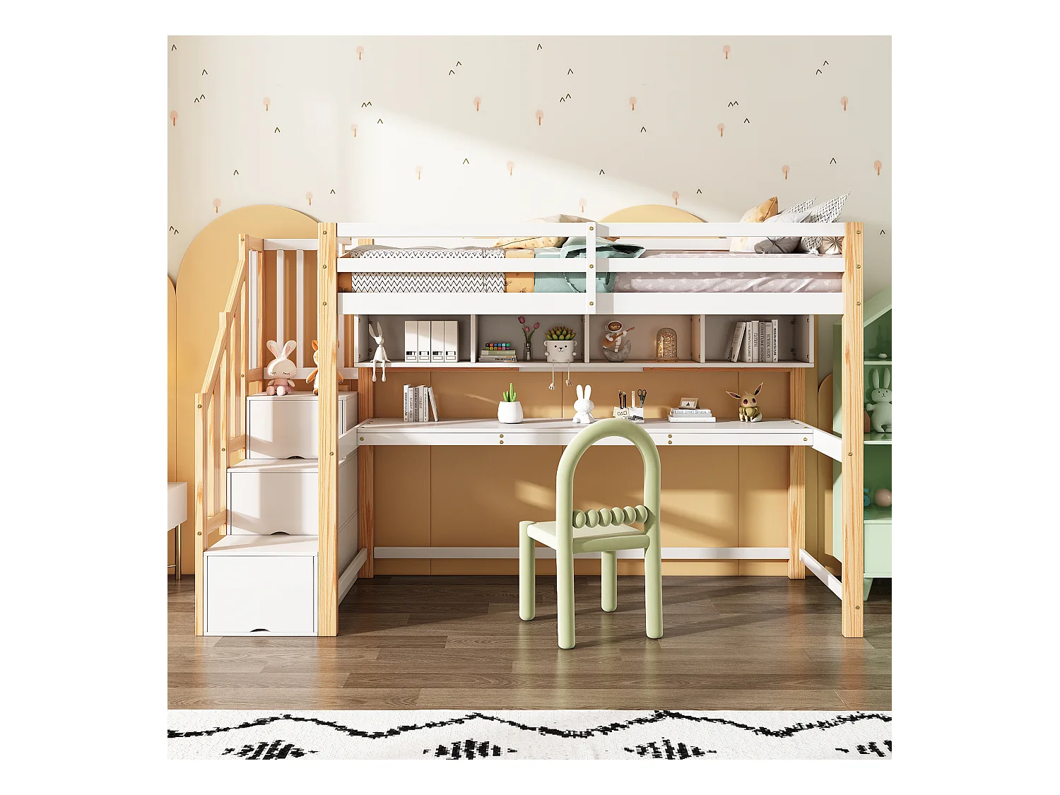 Lit mezzanine enfant - 90 x 200 cm - avec bureau + étagères + 4 tiroirs - bois de pin - naturel et blanc