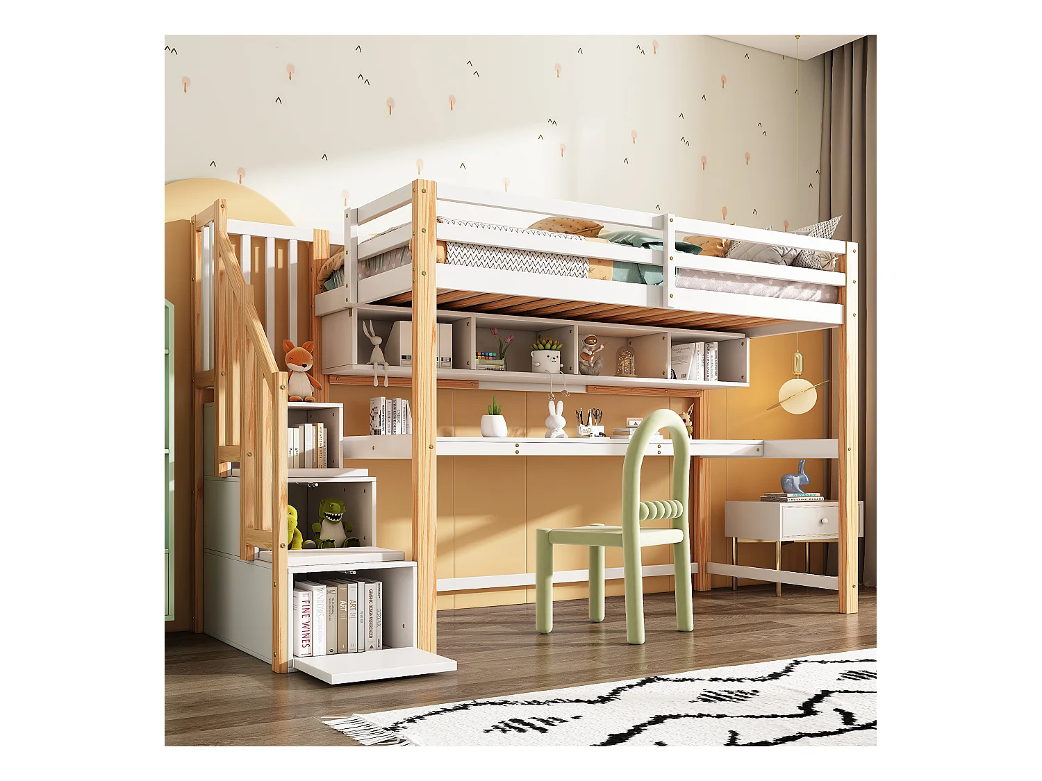 Lit mezzanine enfant - 90 x 200 cm - avec bureau + étagères + 4 tiroirs - bois de pin - naturel et blanc