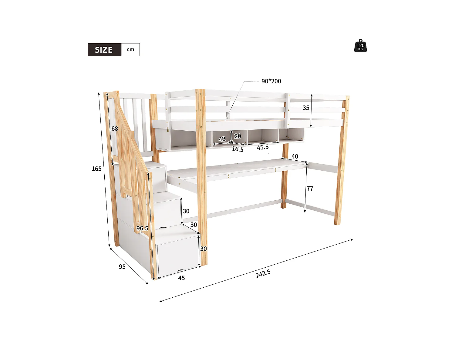 Lit mezzanine enfant - 90 x 200 cm - avec bureau + étagères + 4 tiroirs - bois de pin - naturel et blanc