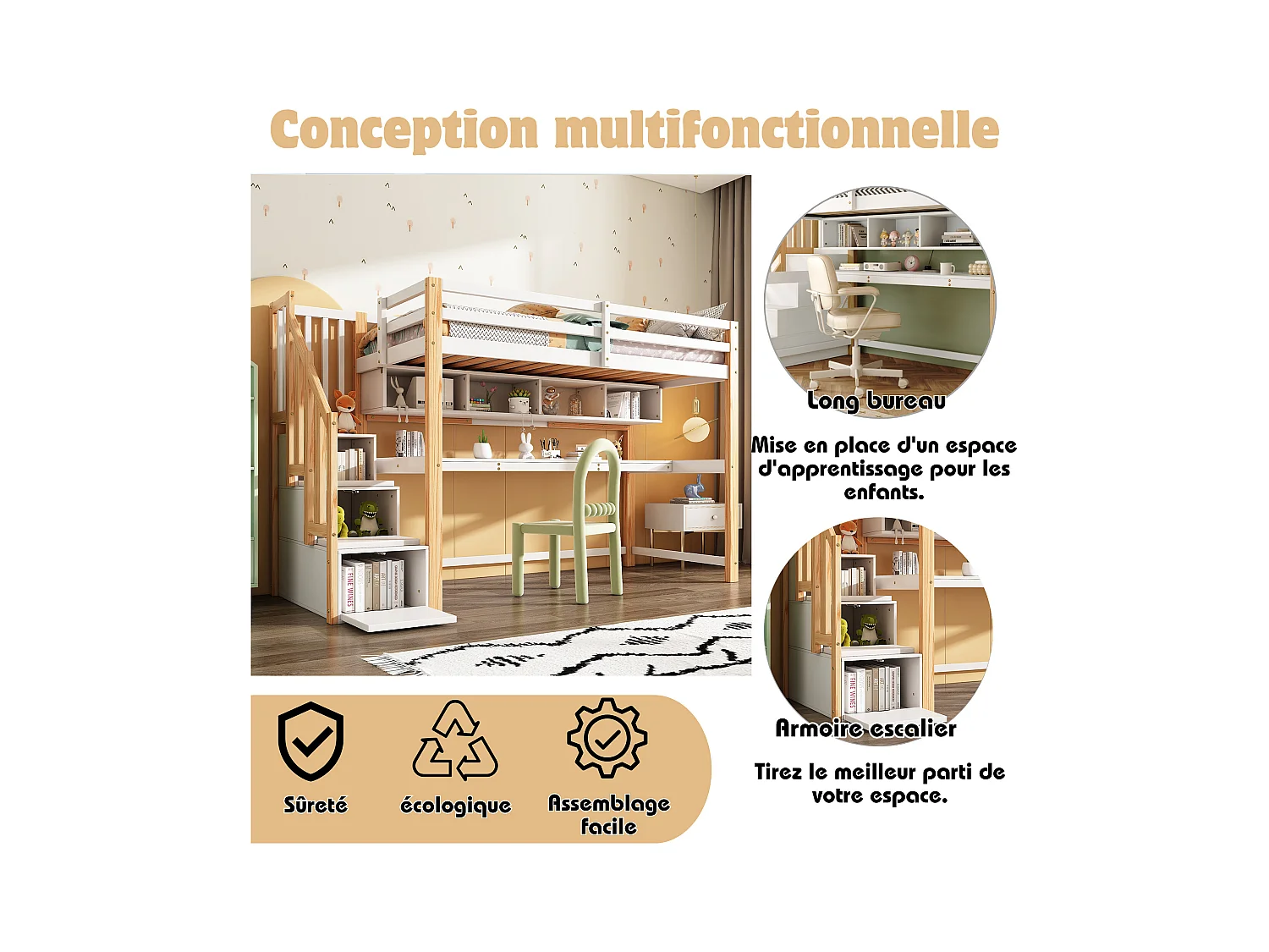 Lit mezzanine enfant - 90 x 200 cm - avec bureau + étagères + 4 tiroirs - bois de pin - naturel et blanc