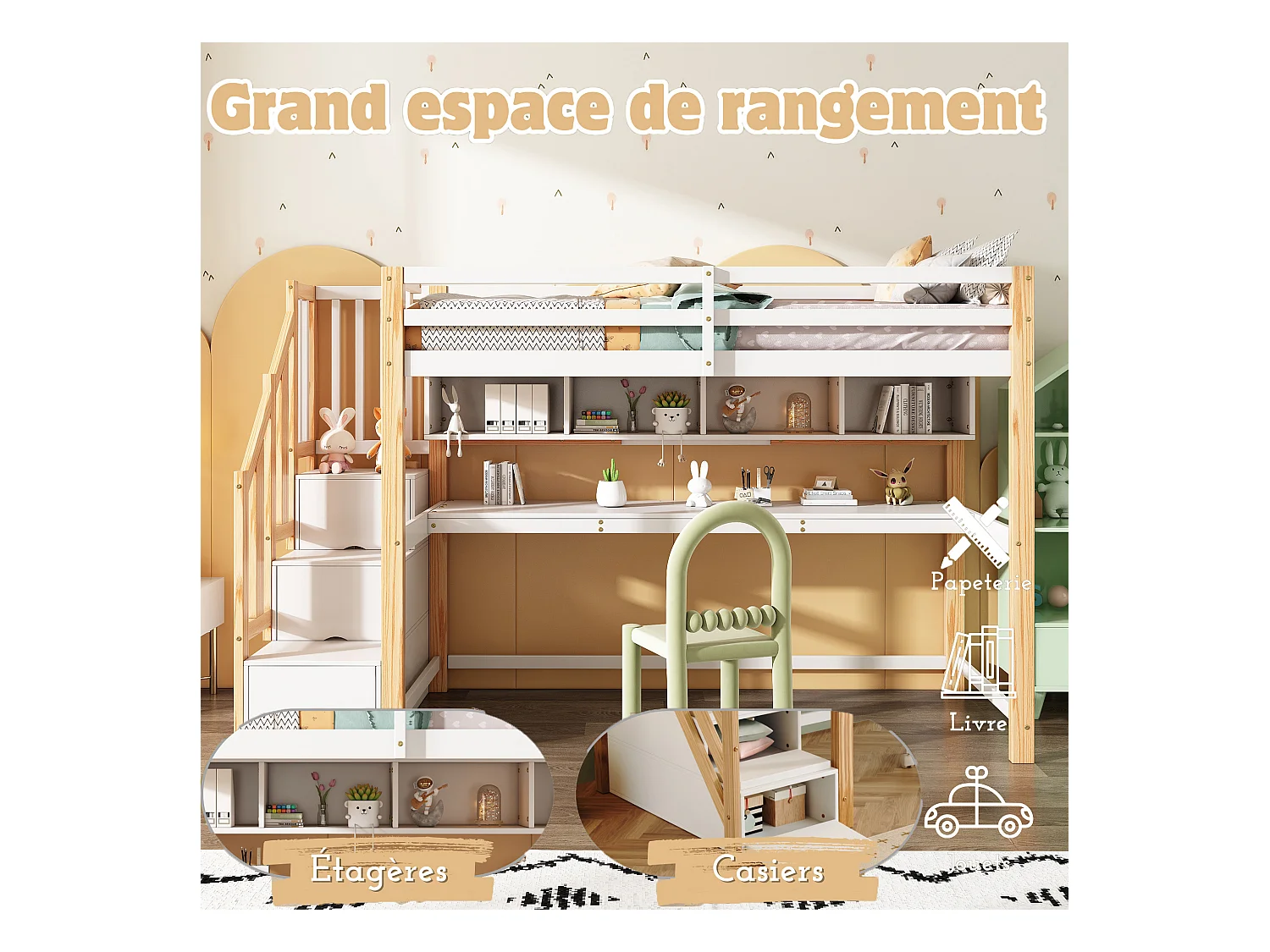 Lit mezzanine enfant - 90 x 200 cm - avec bureau + étagères + 4 tiroirs - bois de pin - naturel et blanc