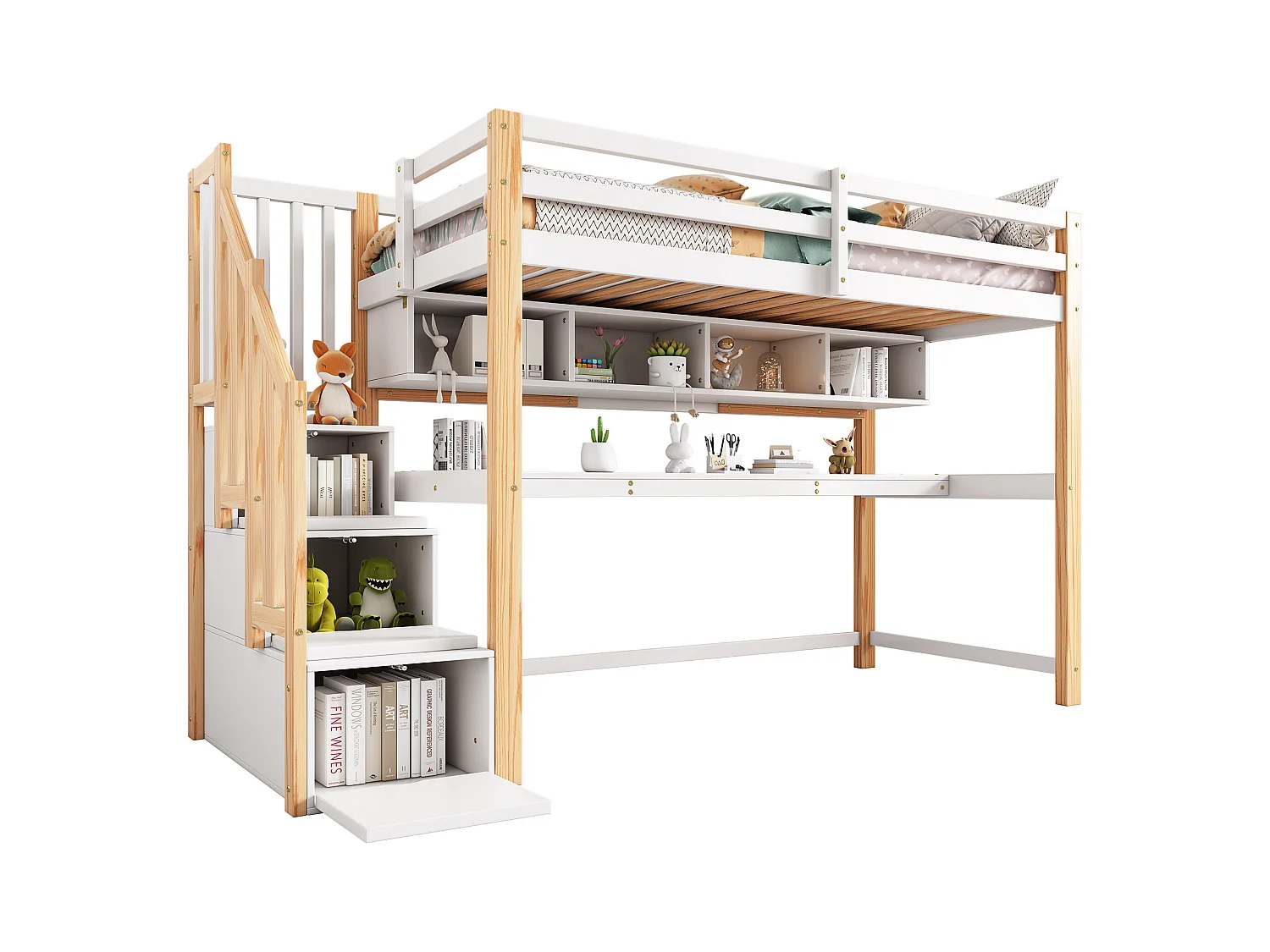 Lit mezzanine enfant - 90 x 200 cm - avec bureau + étagères + 4 tiroirs - bois de pin - naturel et blanc