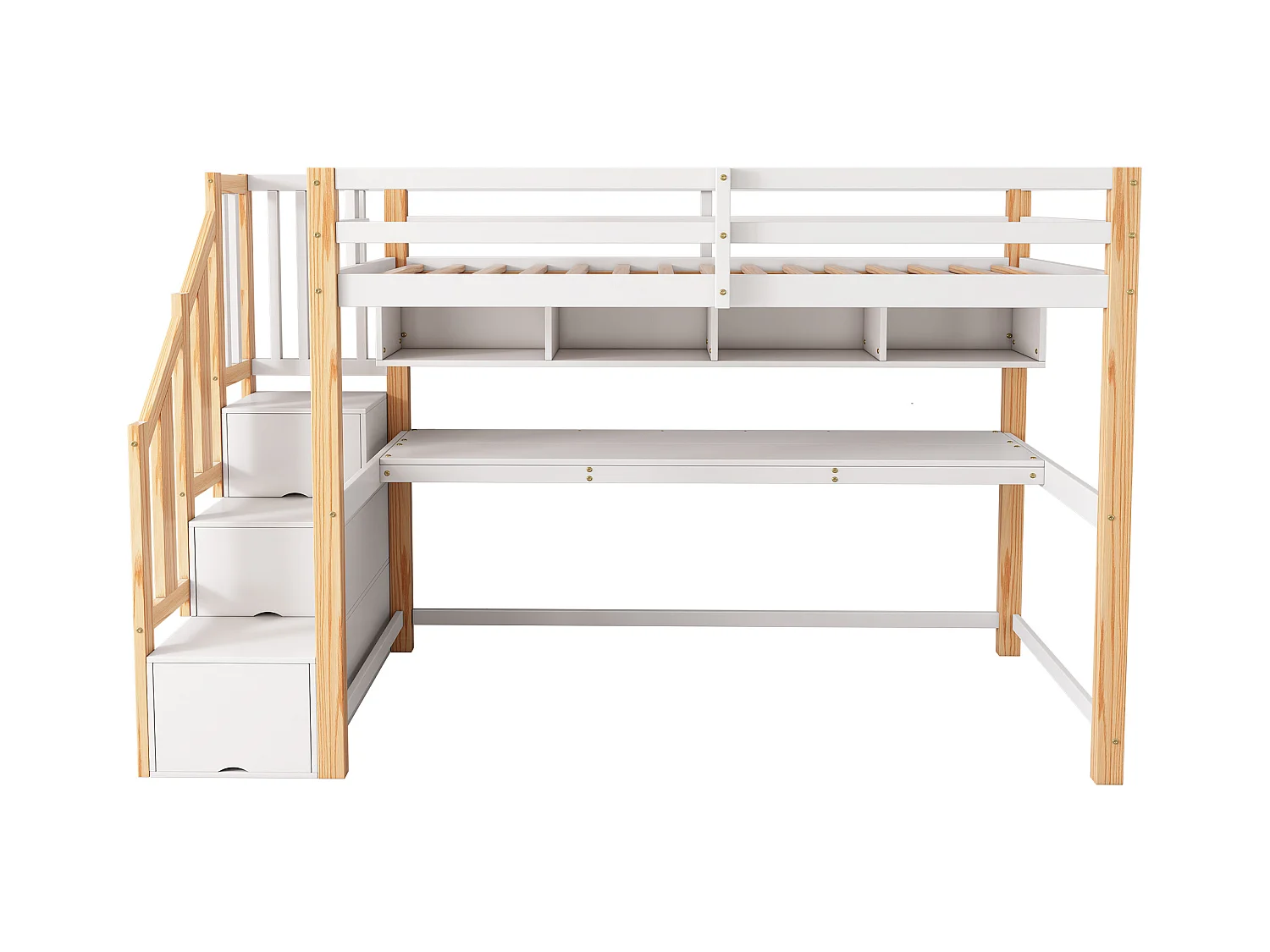 Lit mezzanine enfant - 90 x 200 cm - avec bureau + étagères + 4 tiroirs - bois de pin - naturel et blanc