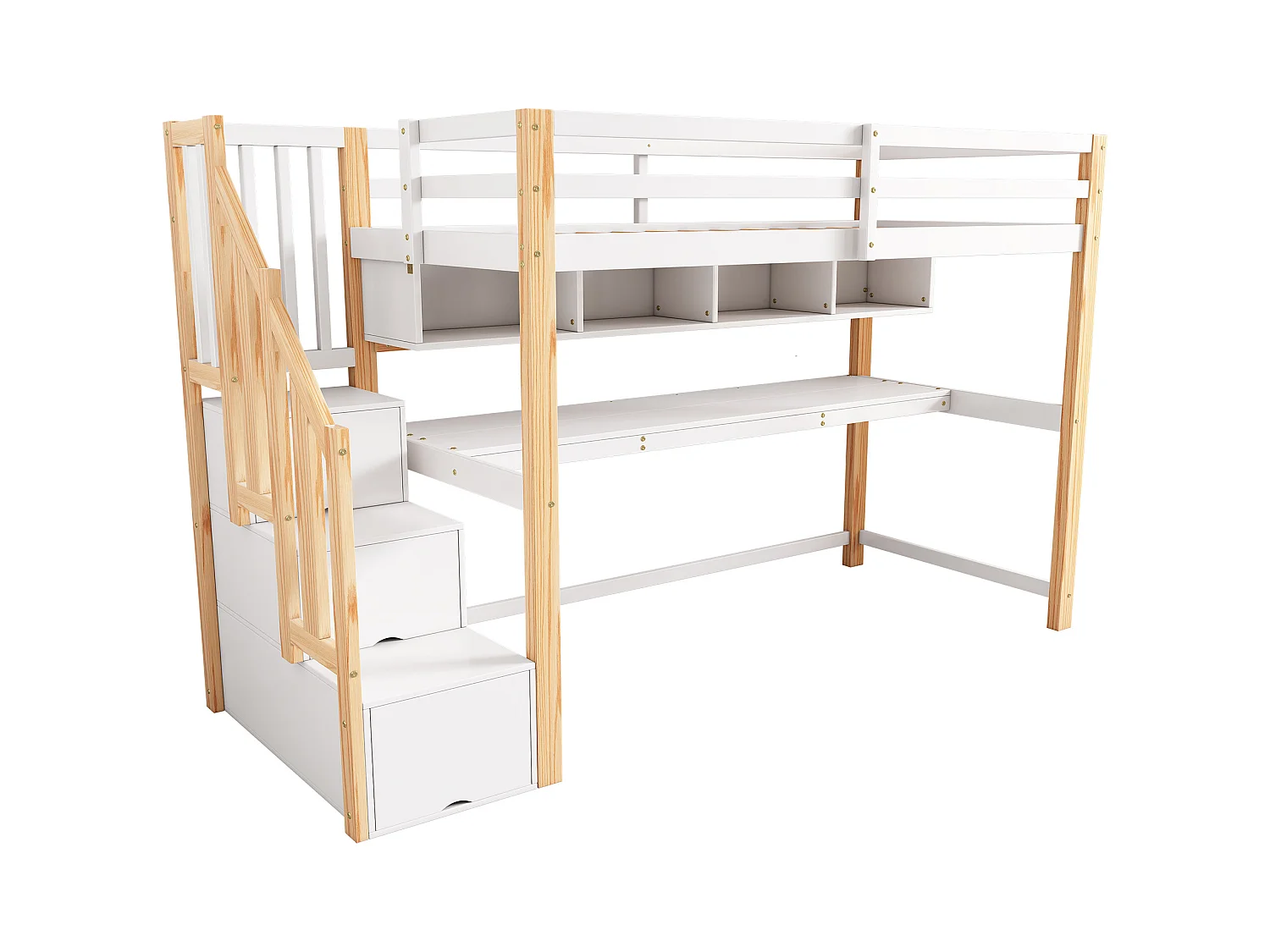 Lit mezzanine enfant - 90 x 200 cm - avec bureau + étagères + 4 tiroirs - bois de pin - naturel et blanc