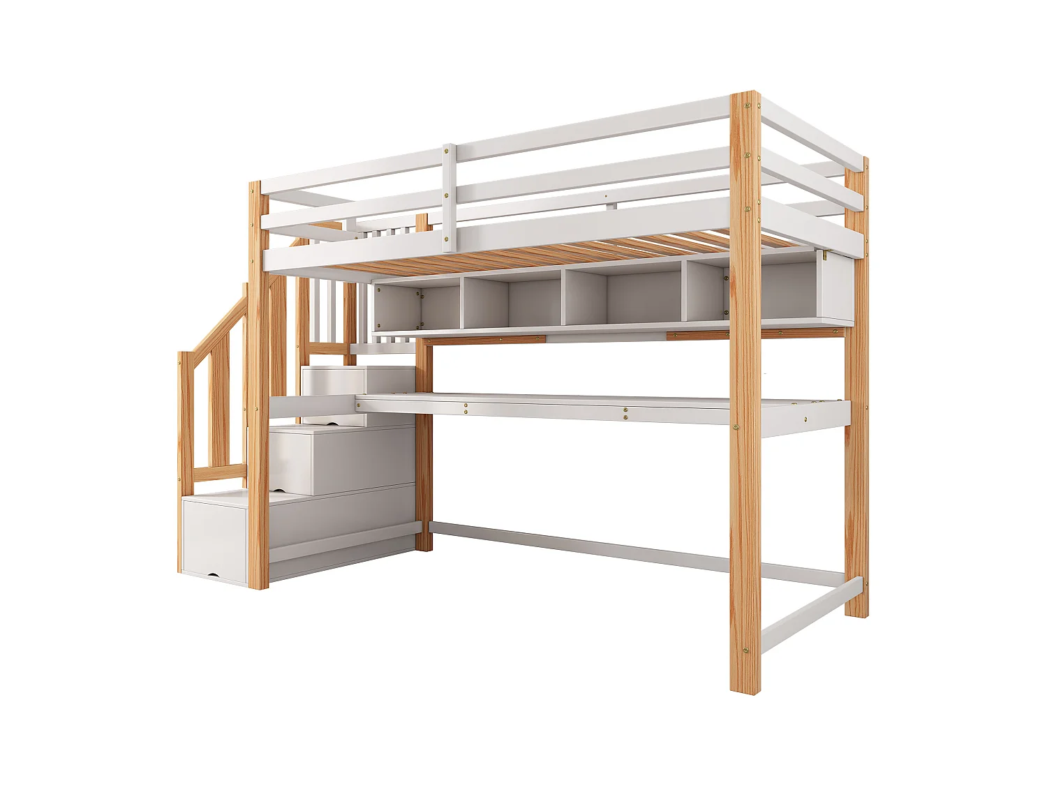 Lit mezzanine enfant - 90 x 200 cm - avec bureau + étagères + 4 tiroirs - bois de pin - naturel et blanc